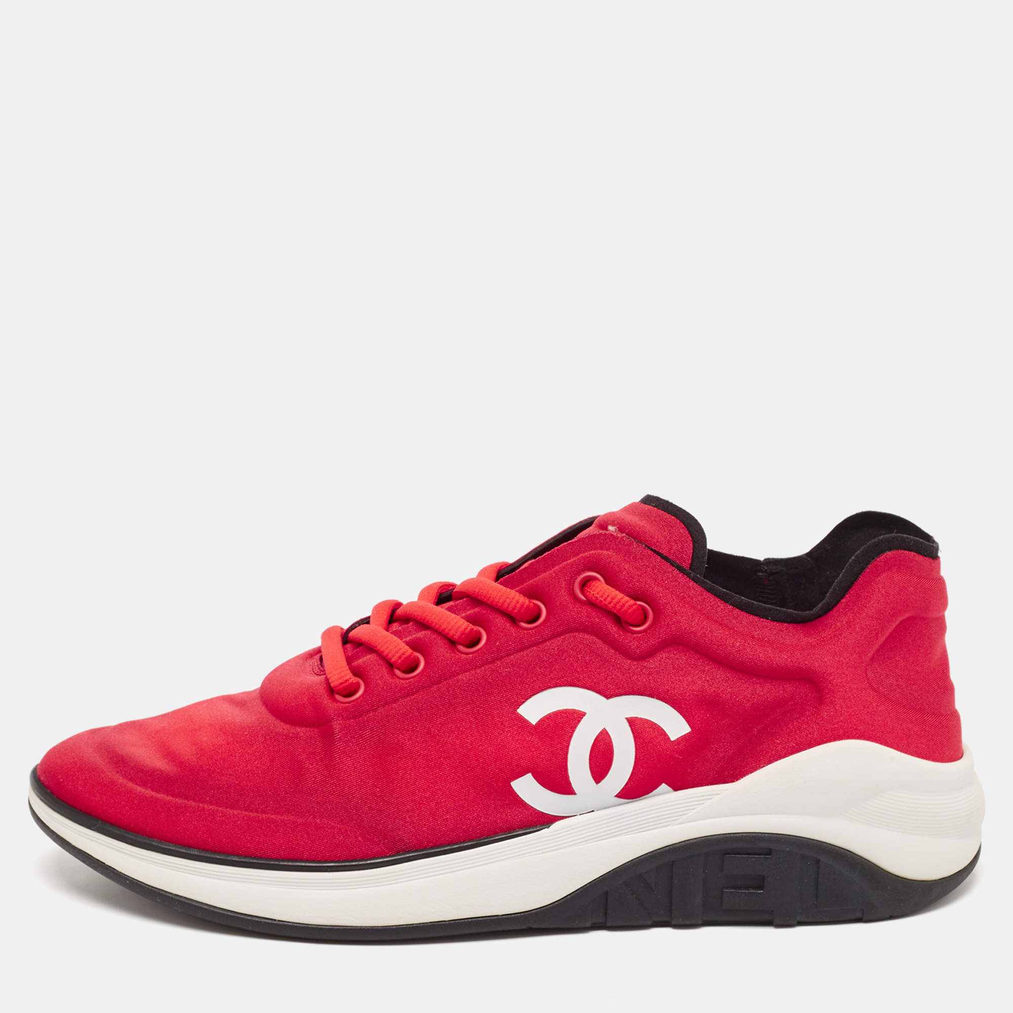 Pre Owned Chanel Red Nylon CC Lace Up Sneakers Size 39.5