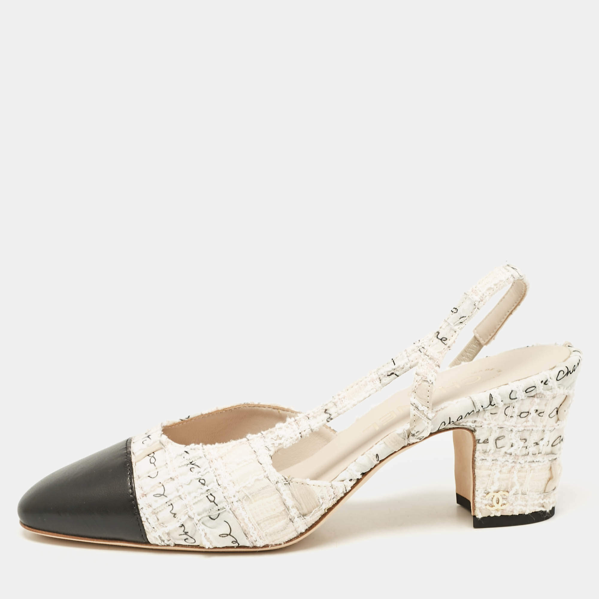 Chanel White/Black Canvas and Fabric CC Slingback Block Heel Pumps Size 38