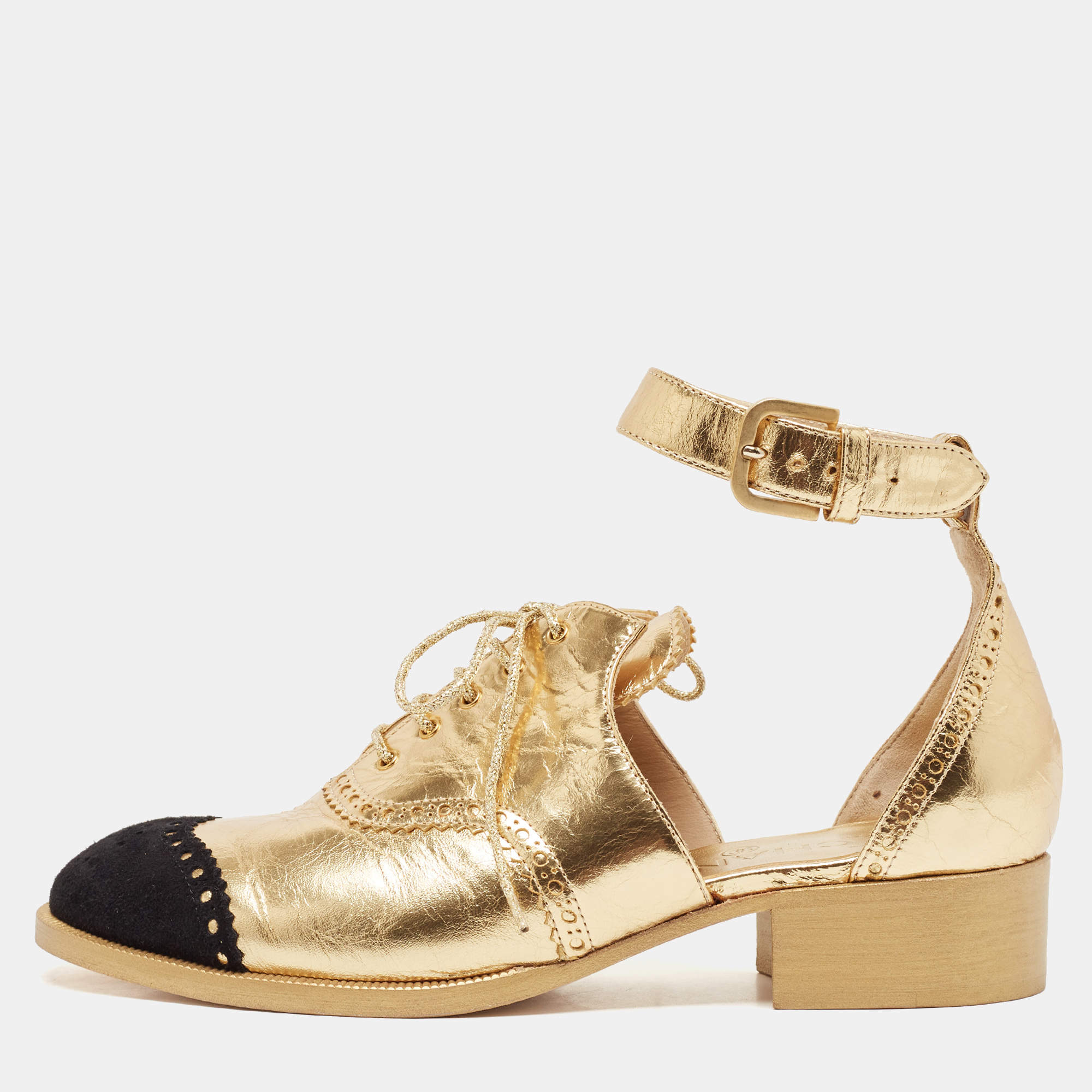 Chanel Gold/Black Leather and Suede CC Ankle Strap Oxford Sandals Size 36