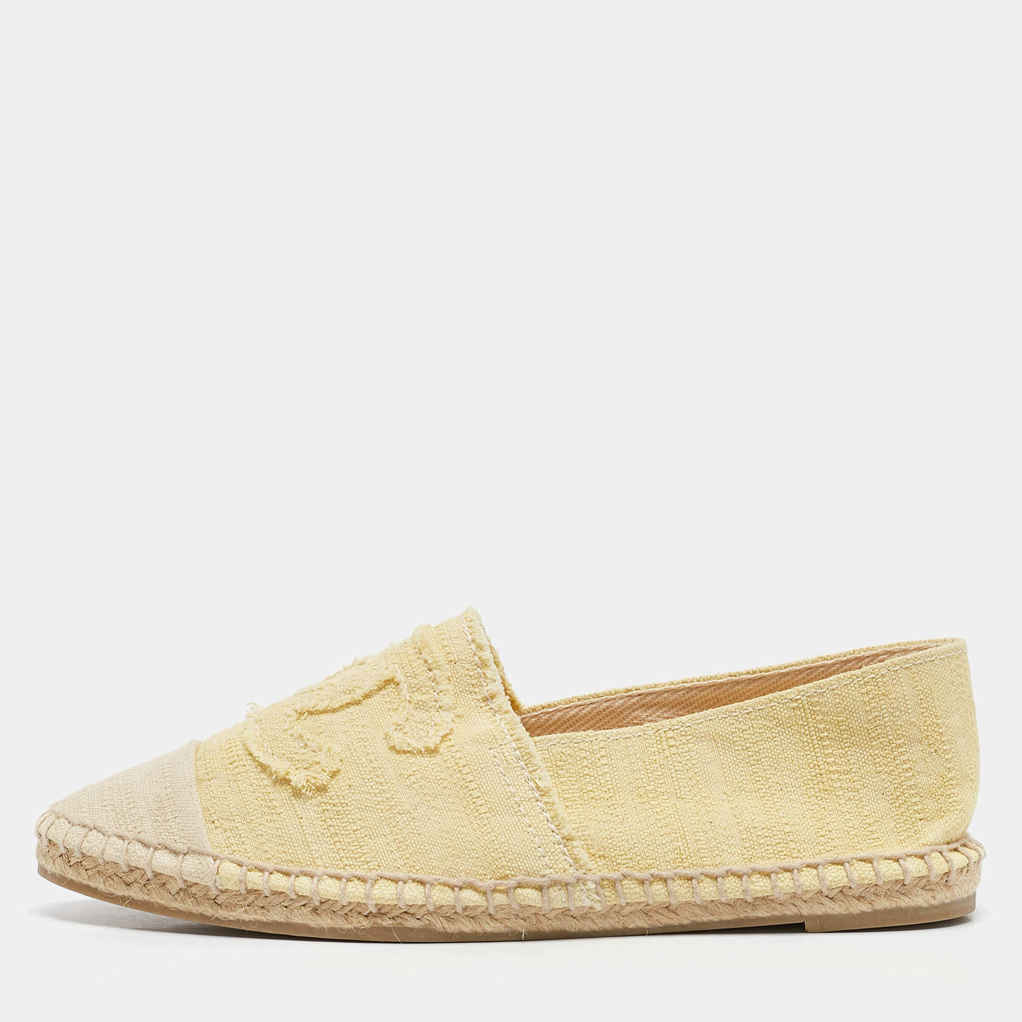 Pre Owned Chanel Yellow/Beige Canvas CC Cap Toe Espadrille Flats Size 37