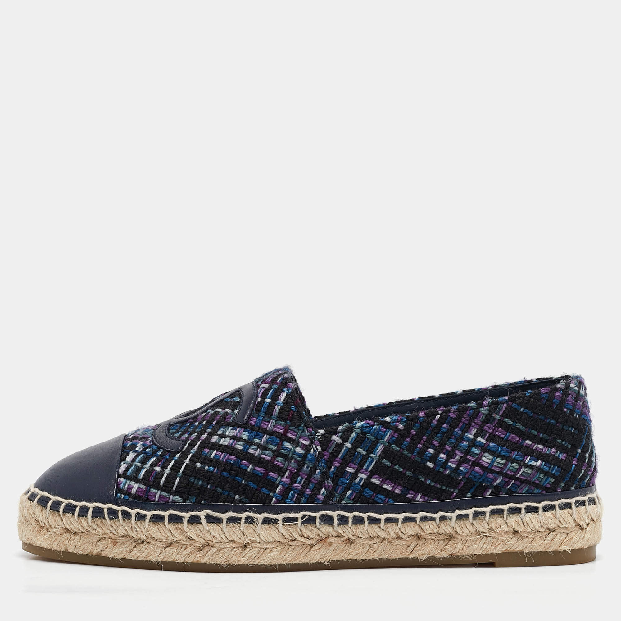 Pre Owned Chanel Navy Blue Tweed and Leather CC Cap Toe Espadrille Flats Size 41