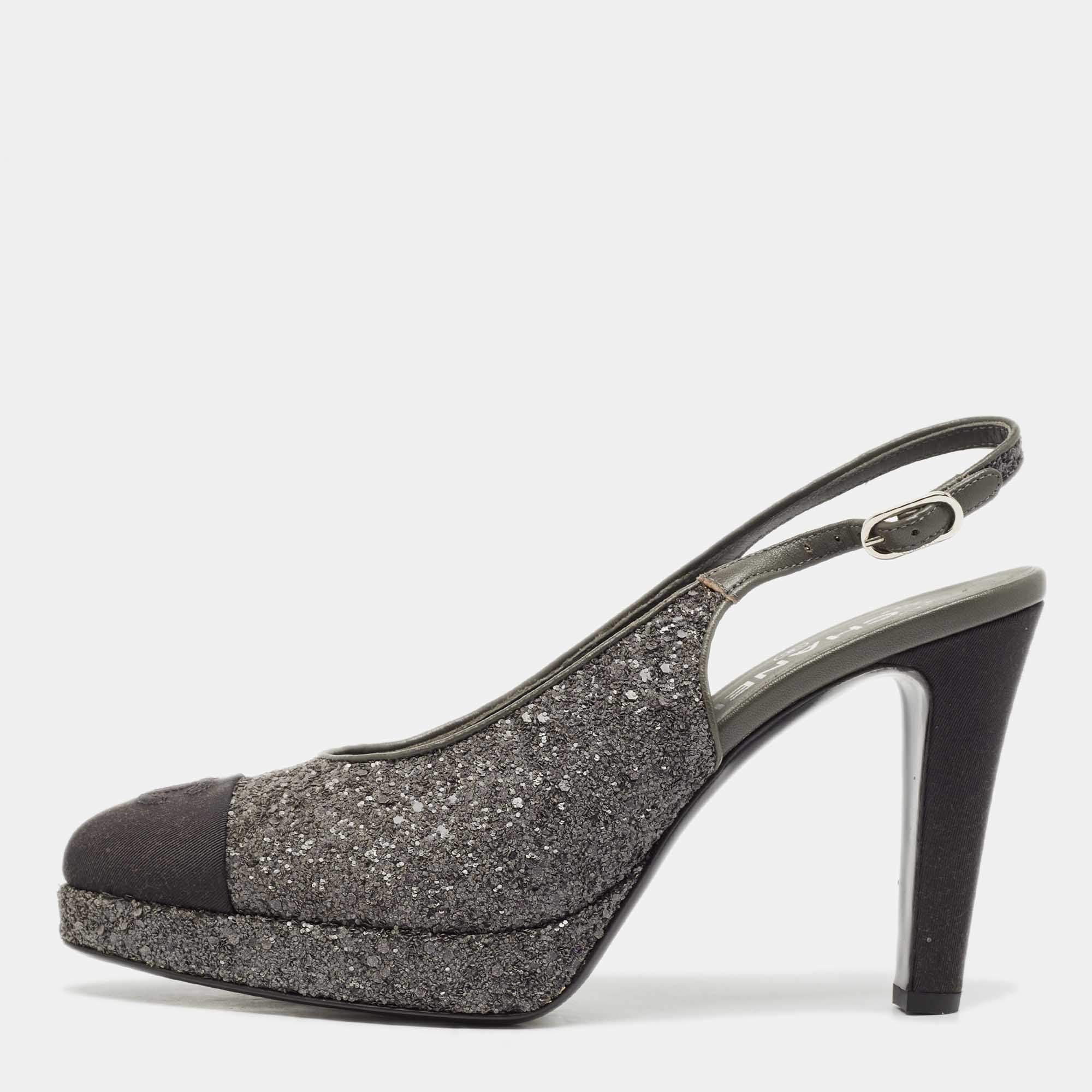Chanel Grey Glitter CC Cap Toe Slingback Platform Sandals Size 40