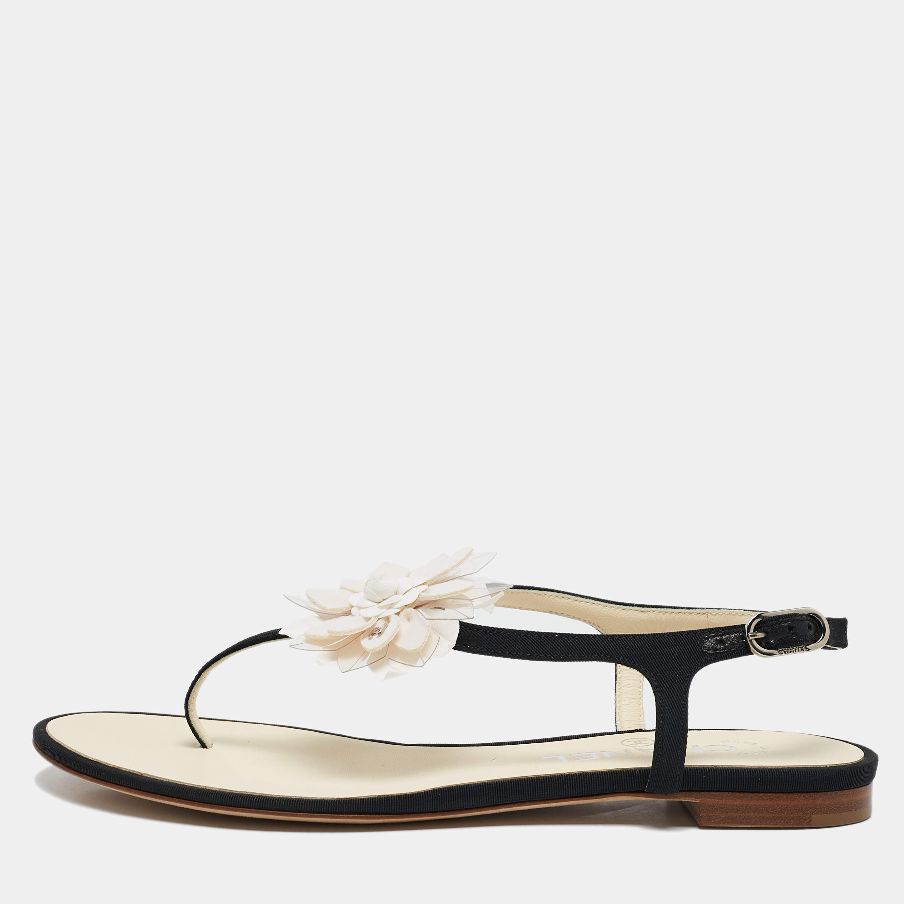 Chanel Black/White Canvas and  Leather CC Camellia Flat Thong Sandals Size 37