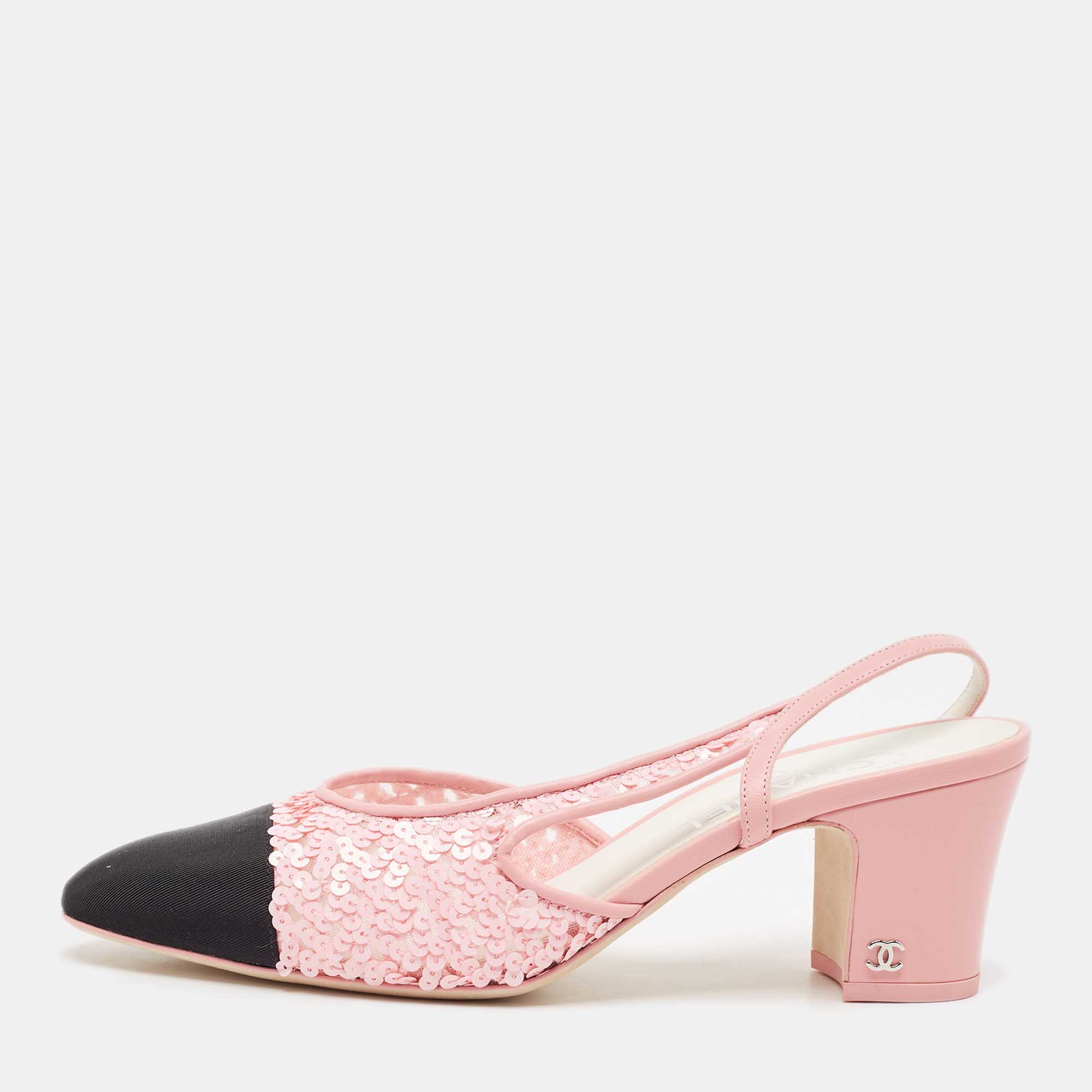 Chanel Pink/Black Canvas and Sequins CC Slingback Pumps Size