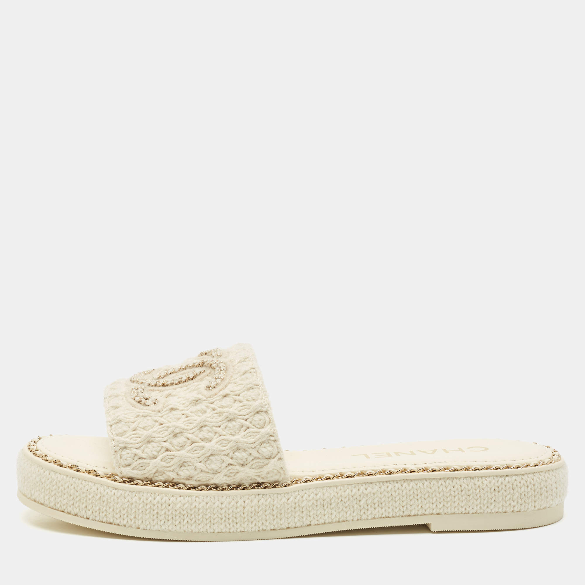 Pre Owned Chanel White Tweed Chain Embellished Flat Sandals Size 38