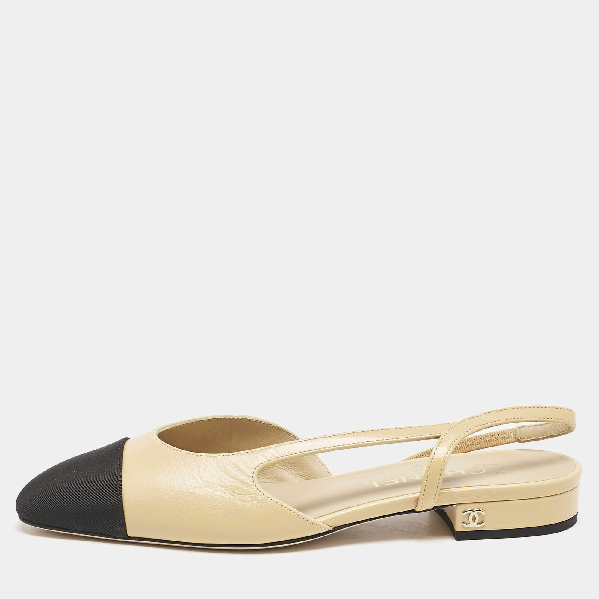 Chanel Beige/Black Leather and Grosgrain Cap Toe Slingback Flats Size 37