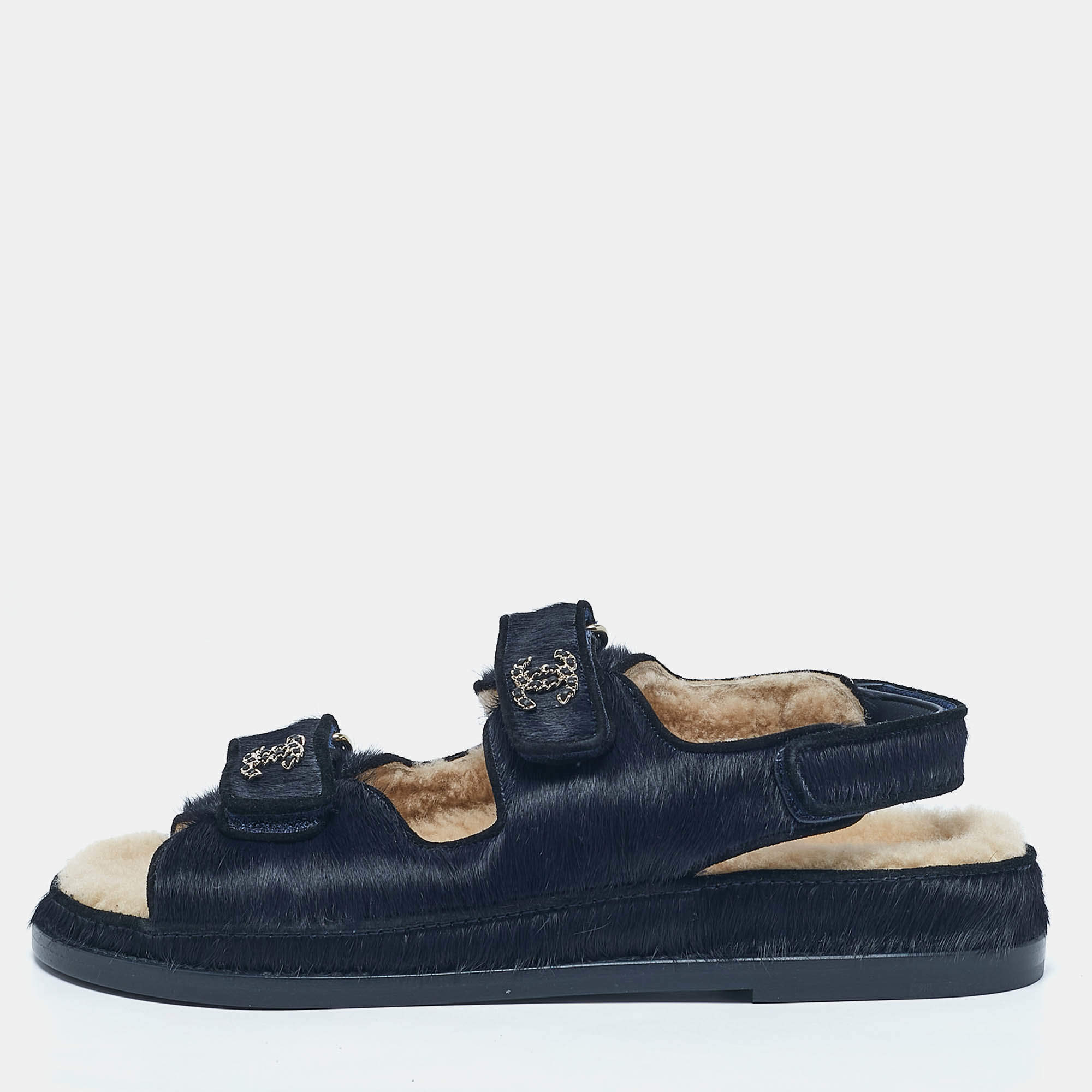 Chanel Navy Blue Calf Hair CC Dad Flat Sandals Size 39.5