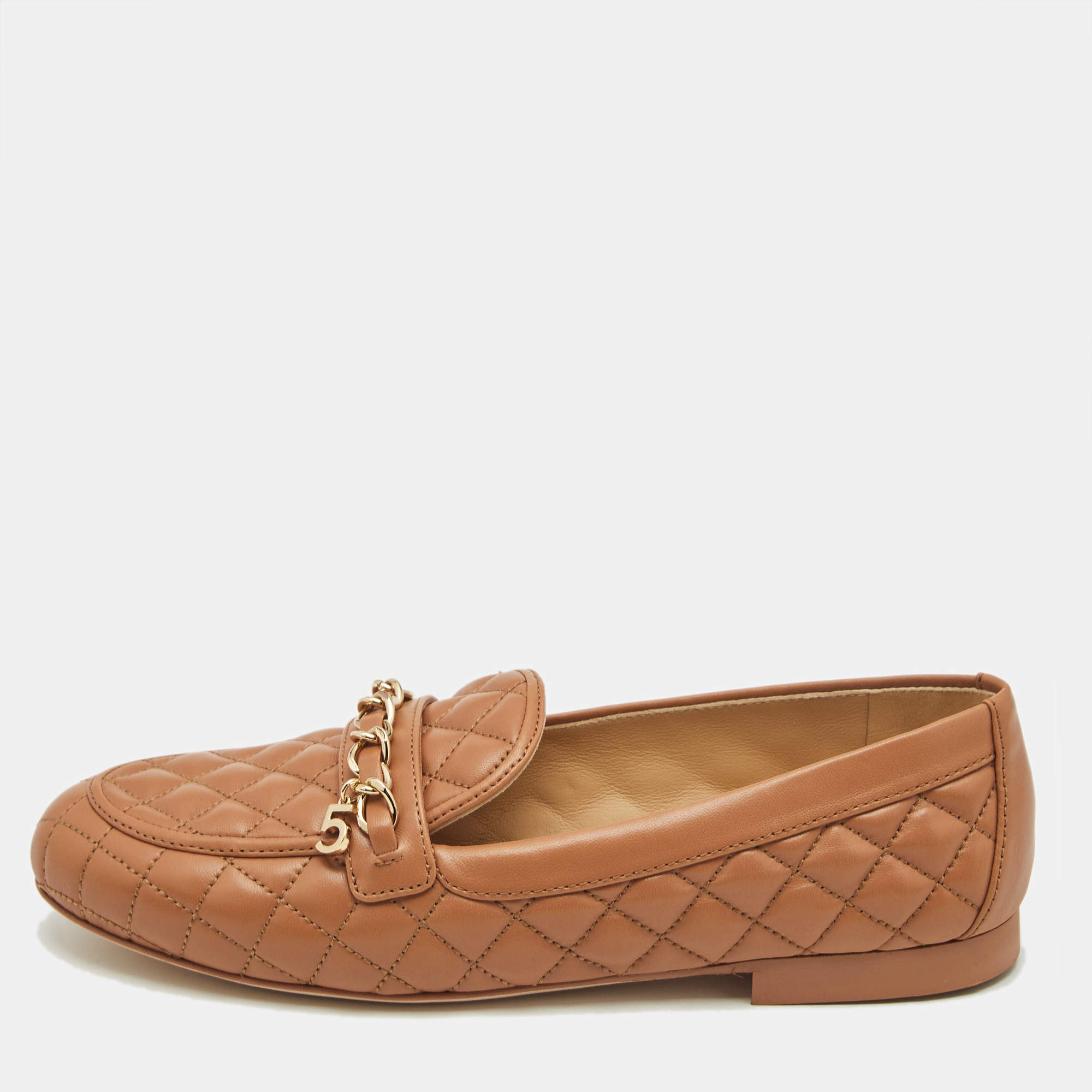 Chanel Brown Quilted Leather CC Chain Loafers Size 37.5