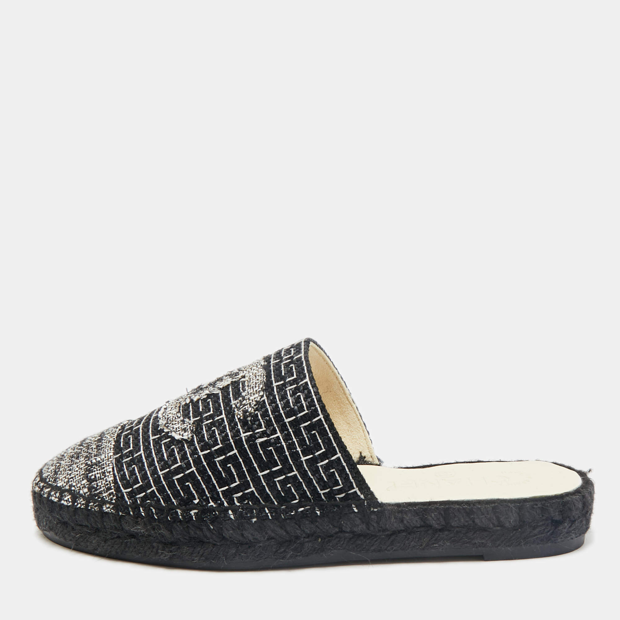 Chanel Black/White Tweed CC Espadrille Mules  Size 36
