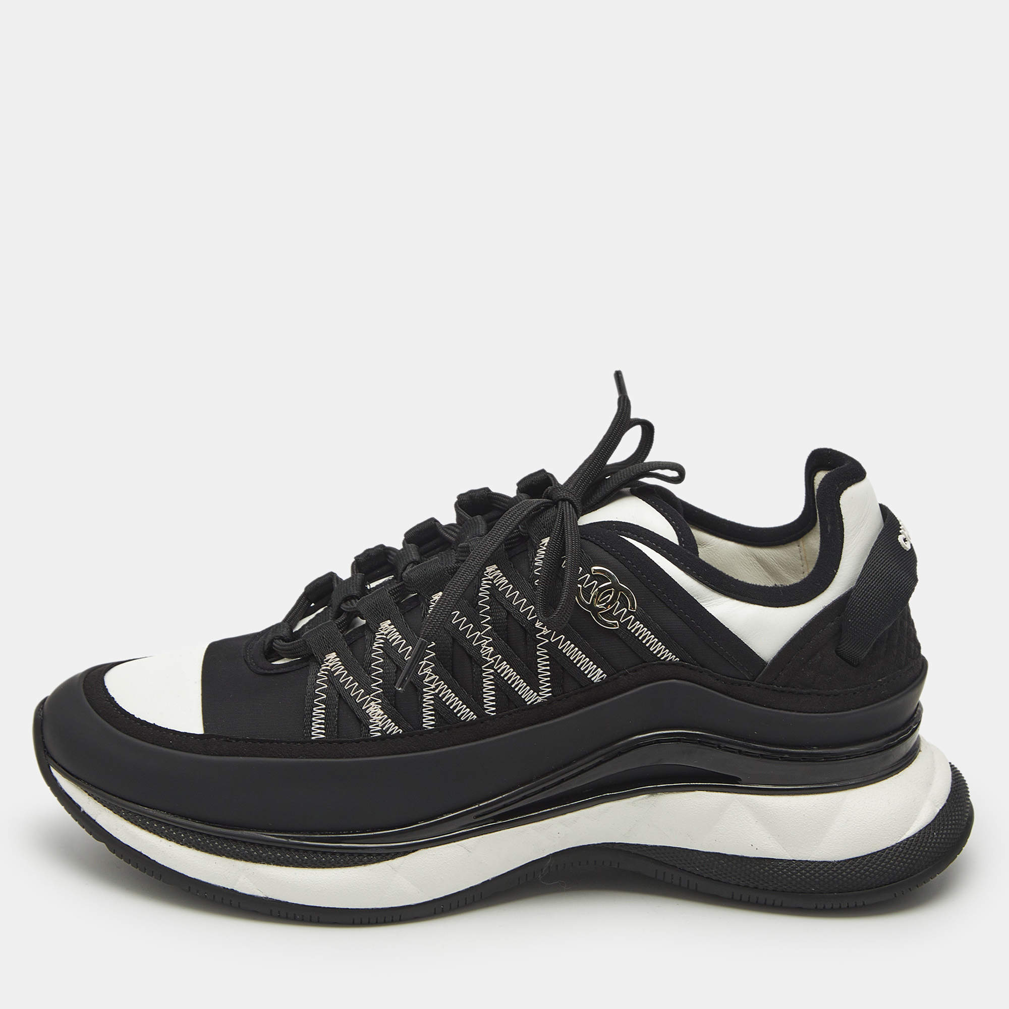 Chanel Black/White Nylon and Leather CC Low Top Sneakers Size 38.5