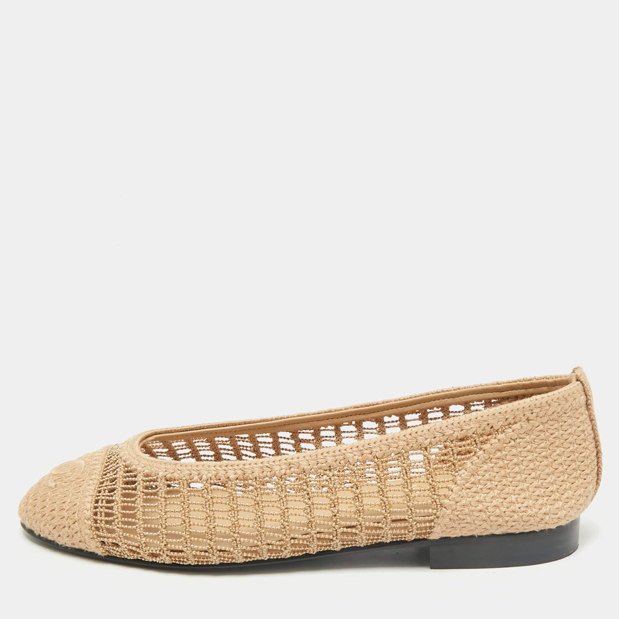 Chanel Beige Raffia CC Cap Toe Ballet Flats Size 38