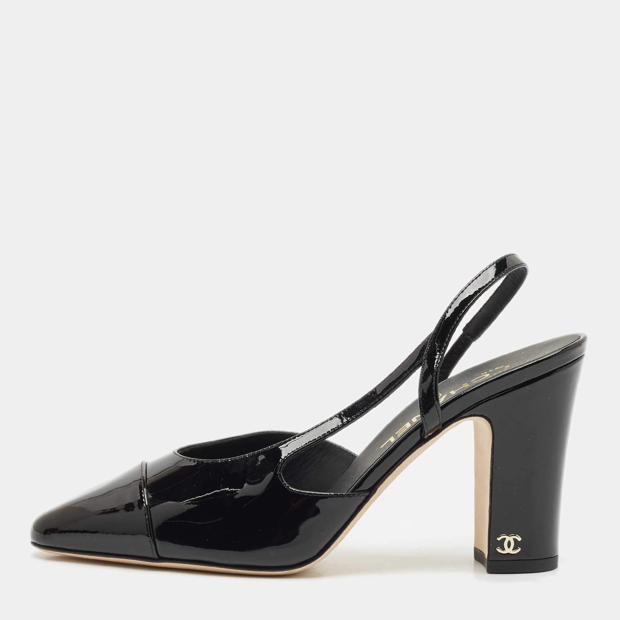 Pre Owned Chanel Black Patent Leather Cap Toe Slingback Pumps Size 39