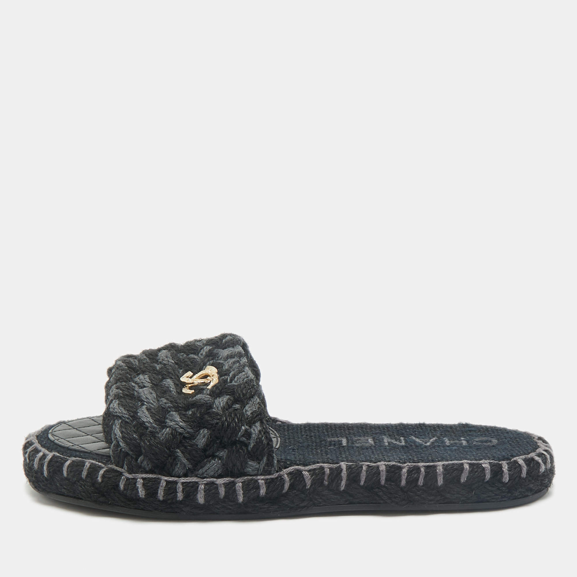 Chanel Two Tone Tweed Interlocking CC logo Flat Slides Size 41