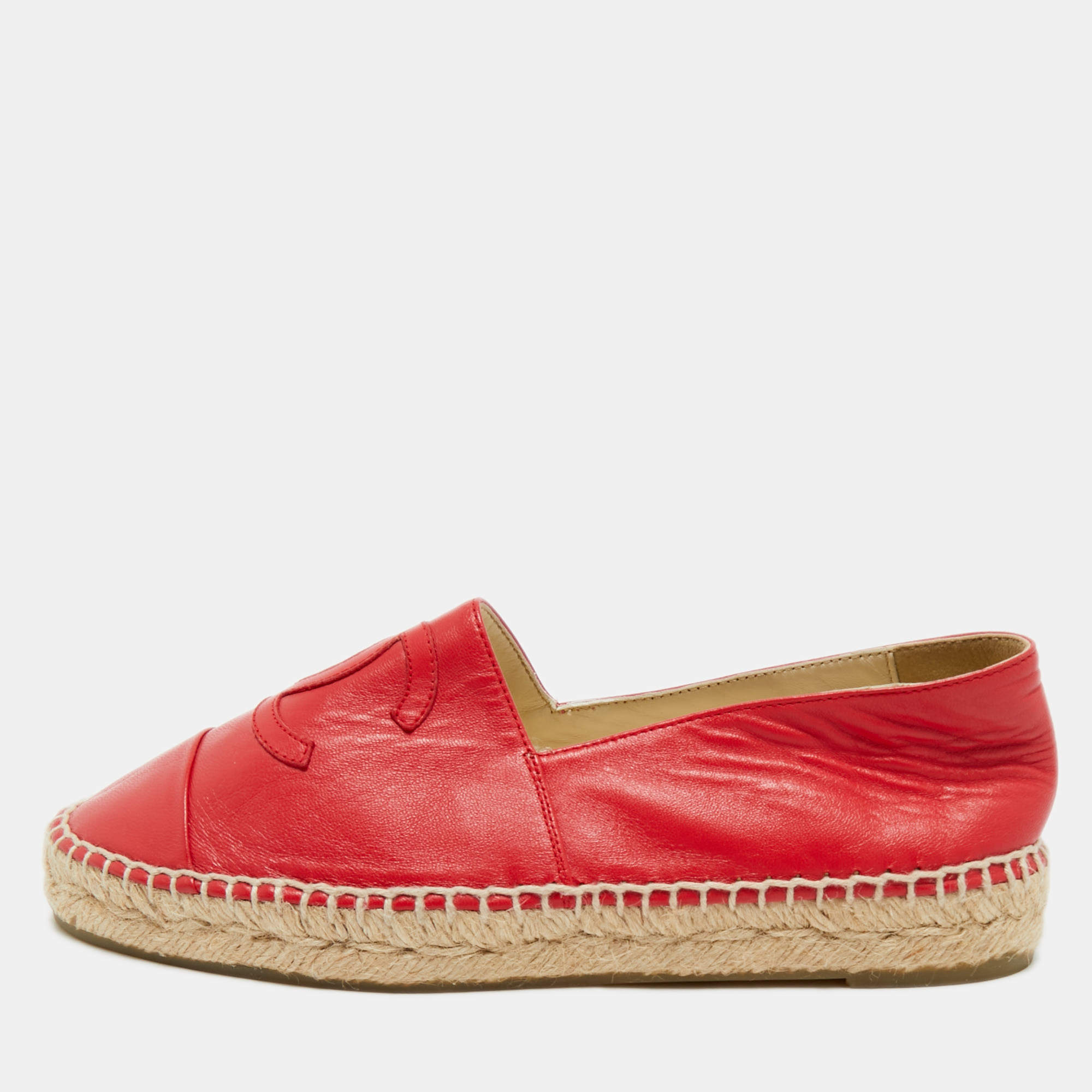 Pre Owned Chanel Red Leather CC Logo Espadrilles Size 37