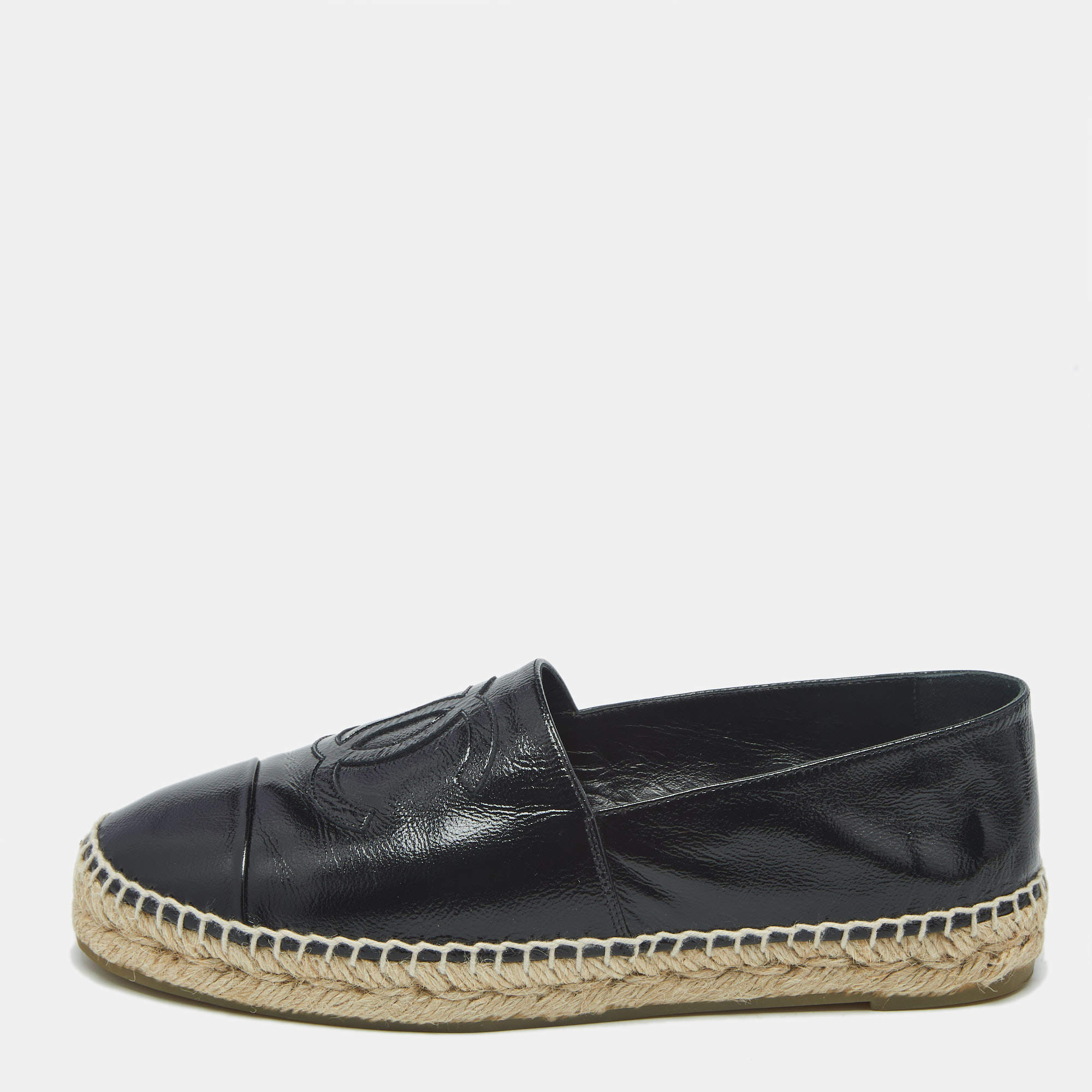 Pre Owned Chanel Black Leather CC Cap Toe Espadrille Flats Size 38