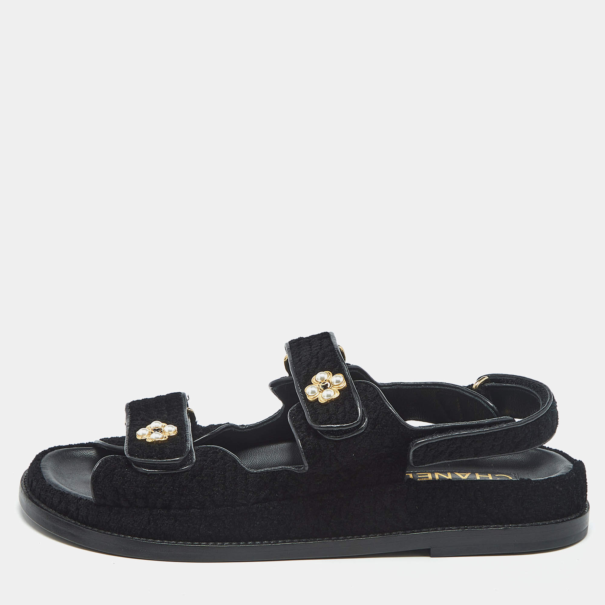 Pre Owned Chanel Black Tweed Dad Slingack Flat Sandals Size 39