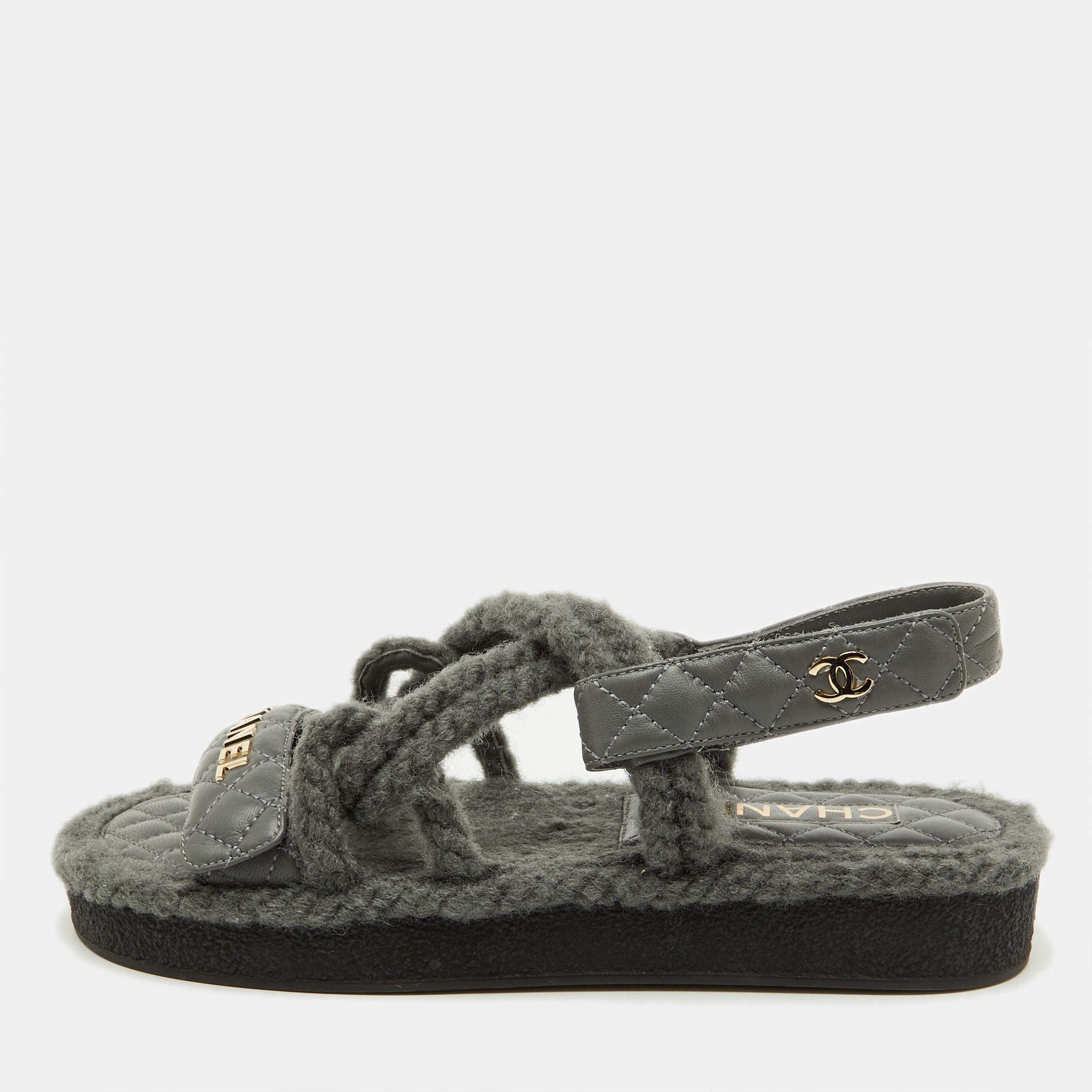 Pre Owned Chanel Grey Leather and Rope Dad Ankle Strap Sandals Size 38