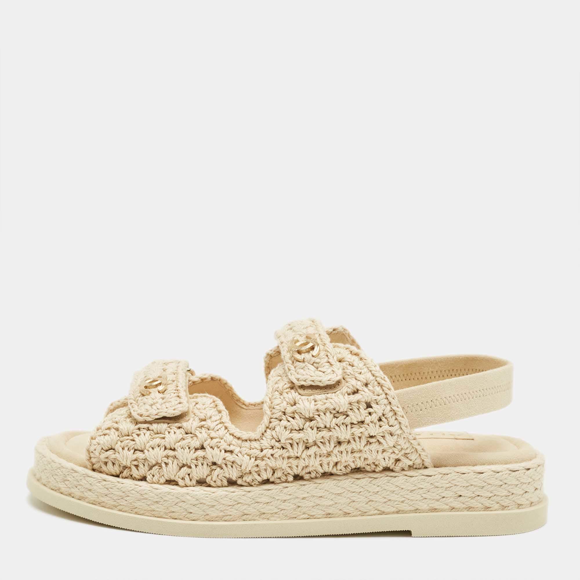 Pre Owned Chanel Ivory Rope and Suede Dad Slingback Flat Sandals Size 39