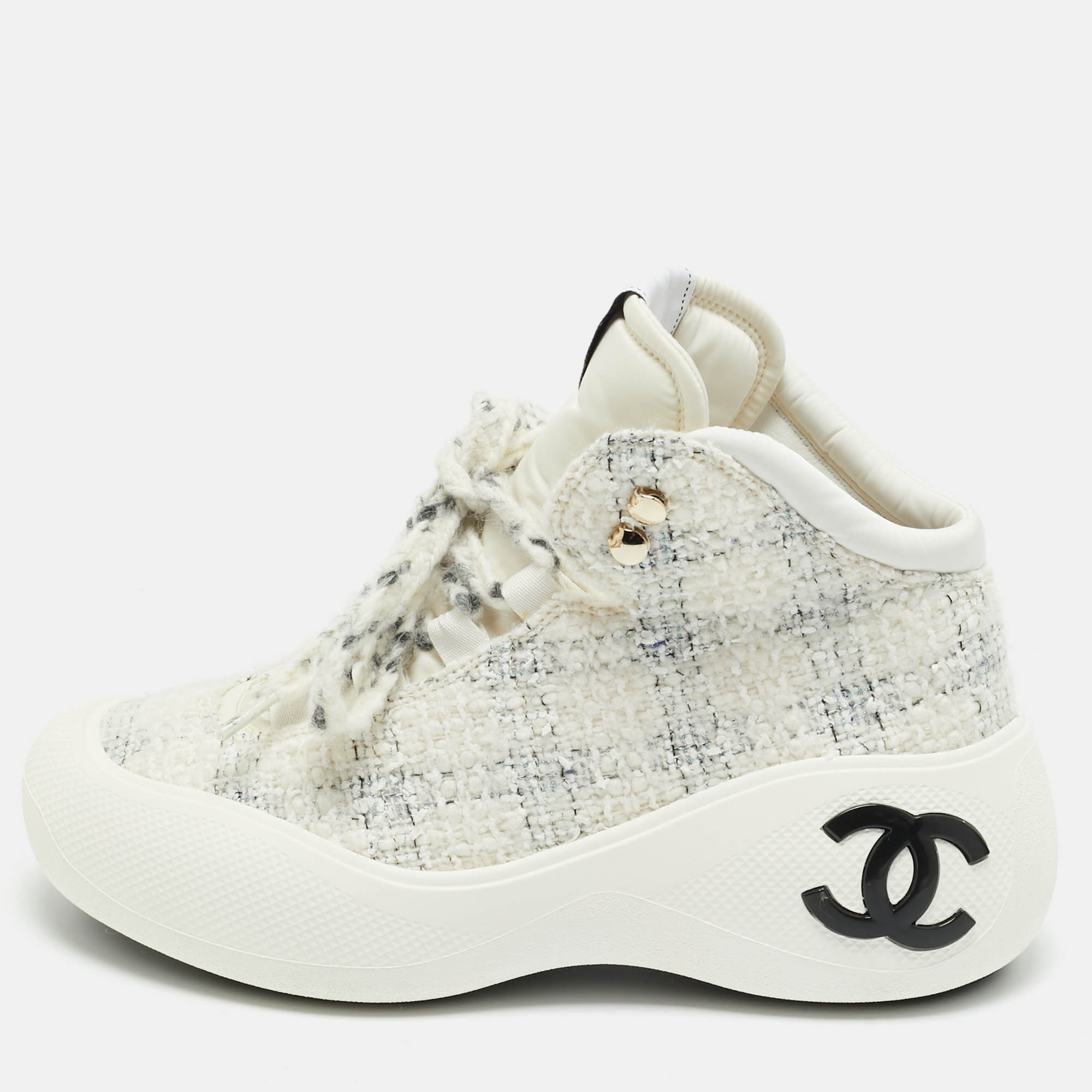 Pre Owned Chanel Tricolor Tweed CC High Top Sneakers Size 39.5
