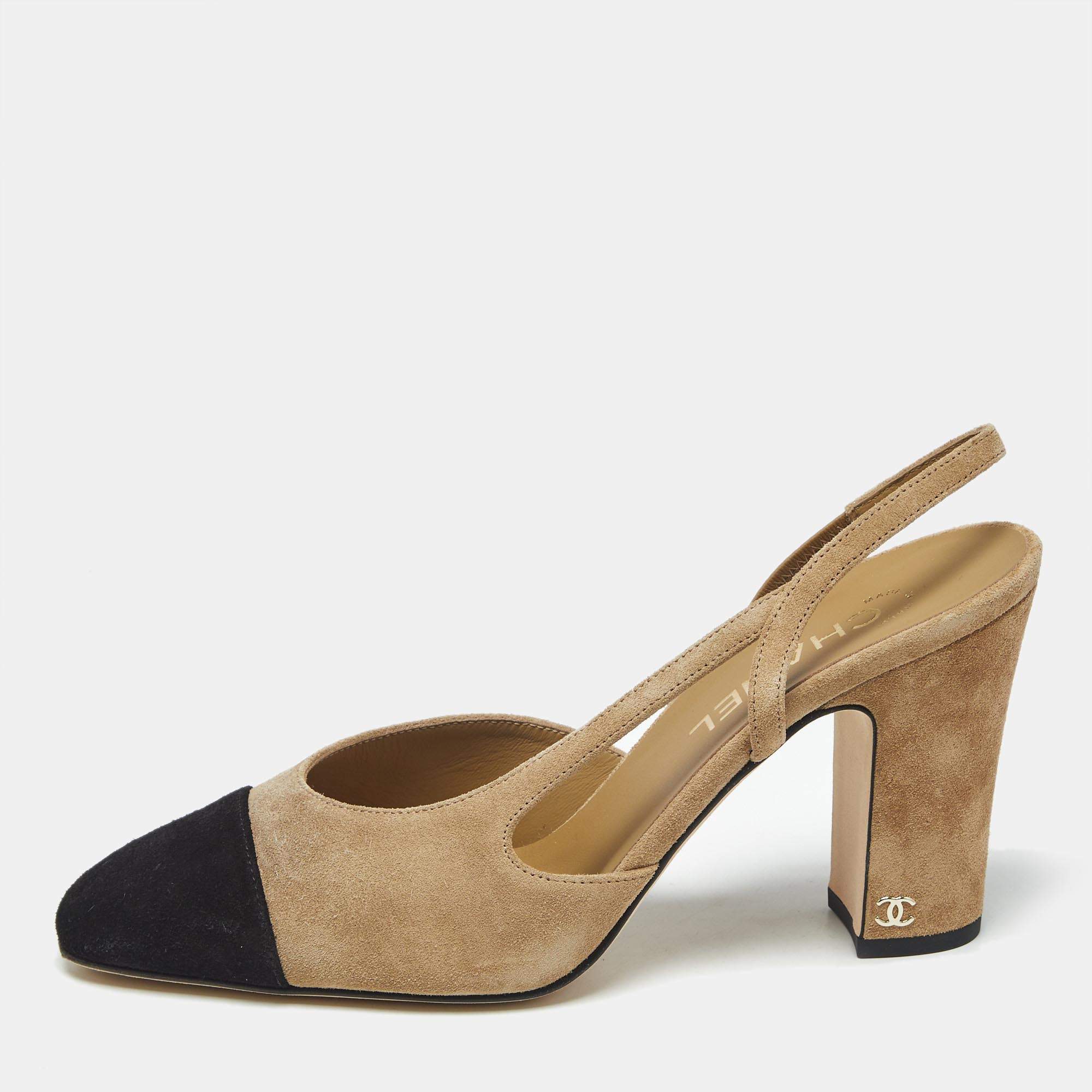 Pre Owned Chanel Beige/Black Suede CC Cap Toe Slingback Pumps Size 40
