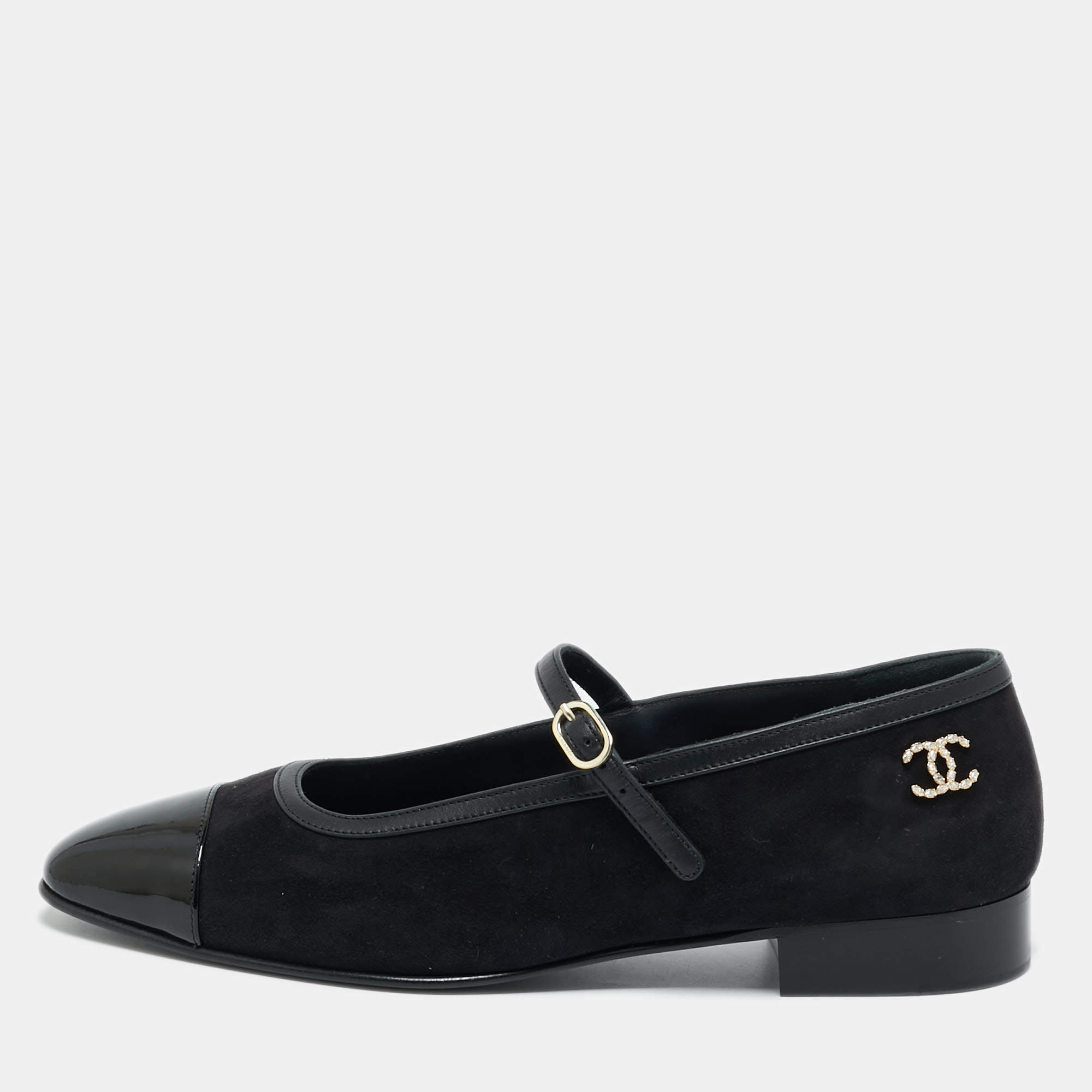 Pre Owned Chanel Mary Jane Size 38.5 Black Suede and Patent Leather Ballet Flats