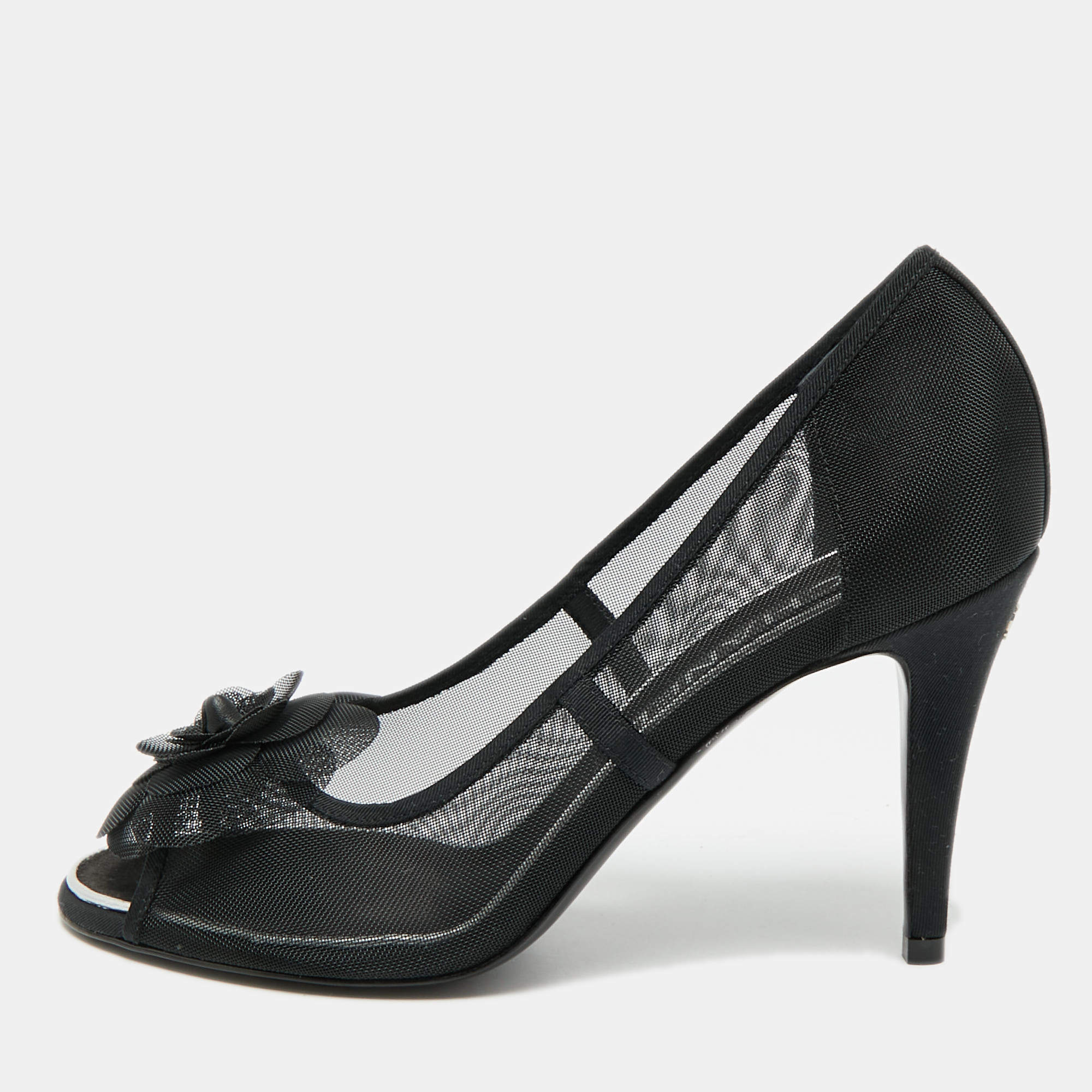 Pre Owned Chanel Camelia Size 37 Black Net Peep Toe Pumps
