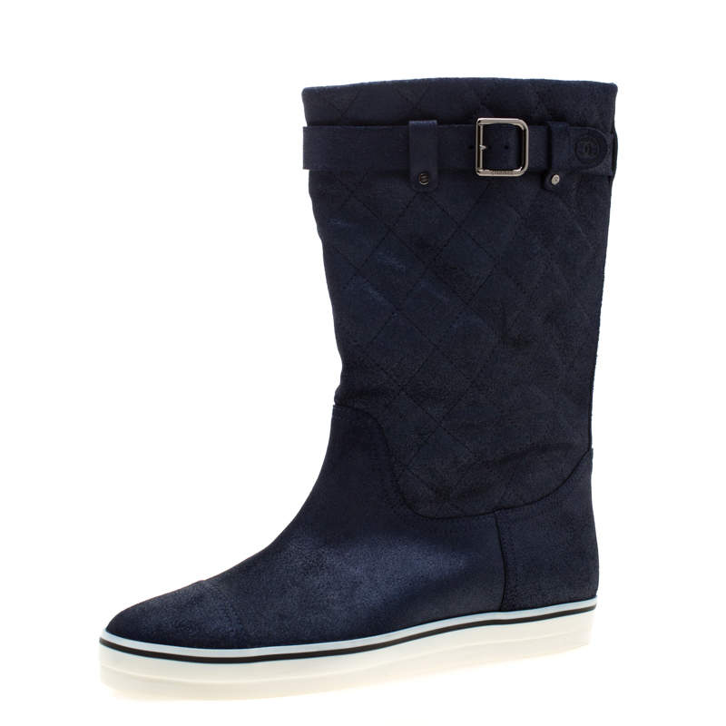 Chanel Blue Textured Quilted Leather Mid Calf Boots Size 38