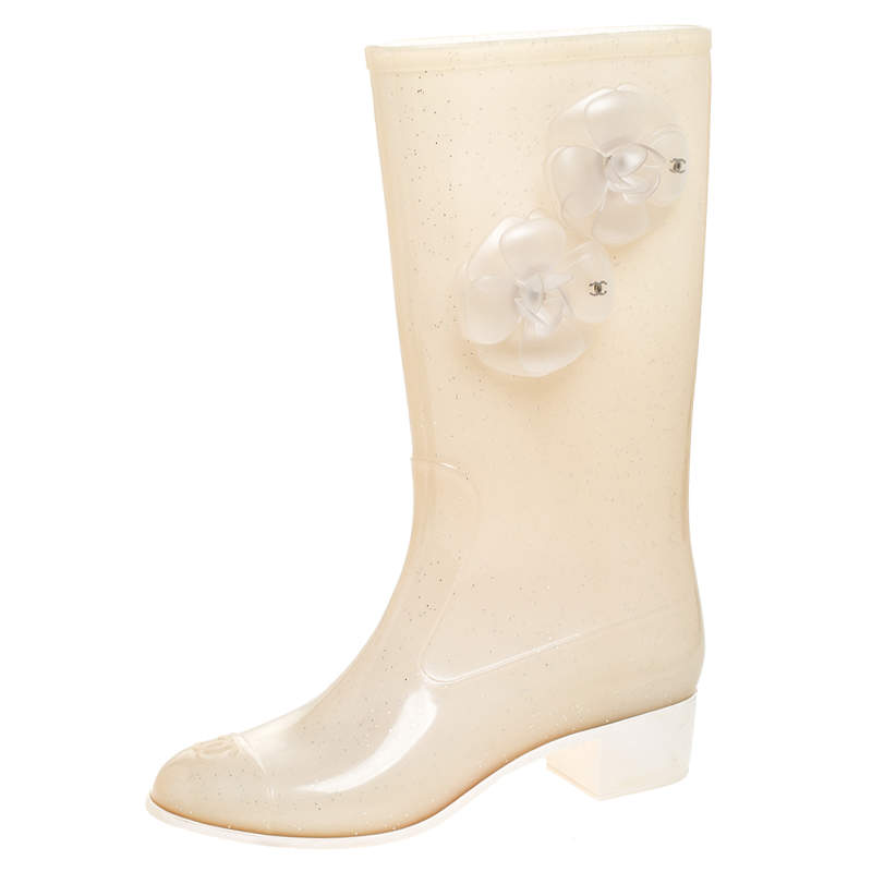 Chanel Cream Glitter Rubber CC Camellia Rain Boots Size 37