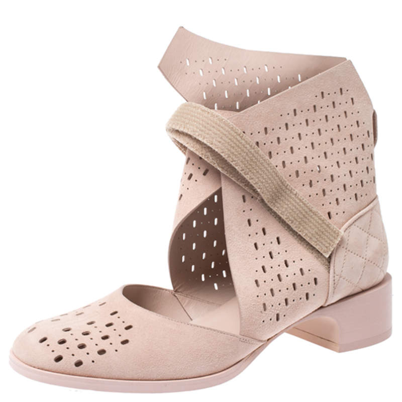 Chanel Beige Laser Cut Suede Velcro Ankle Boots Size 39.5
