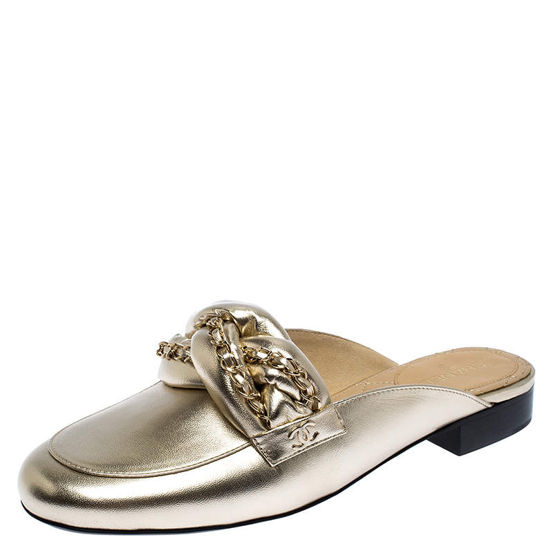 Chanel Metallic Gold Leather Chain Detail CC Flat Mules Size 37
