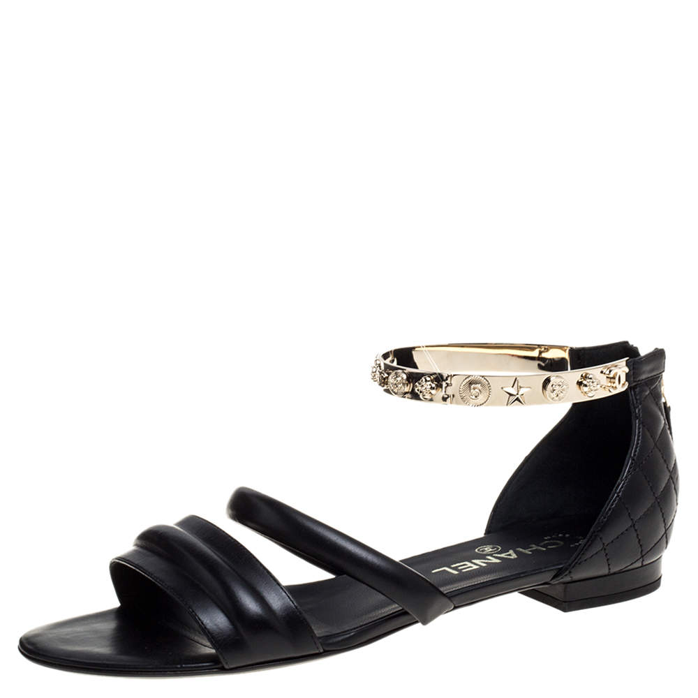 Pre Owned Chanel Black Quilted Leather Embellished Ankle Cuff Flat Sandals Size 39