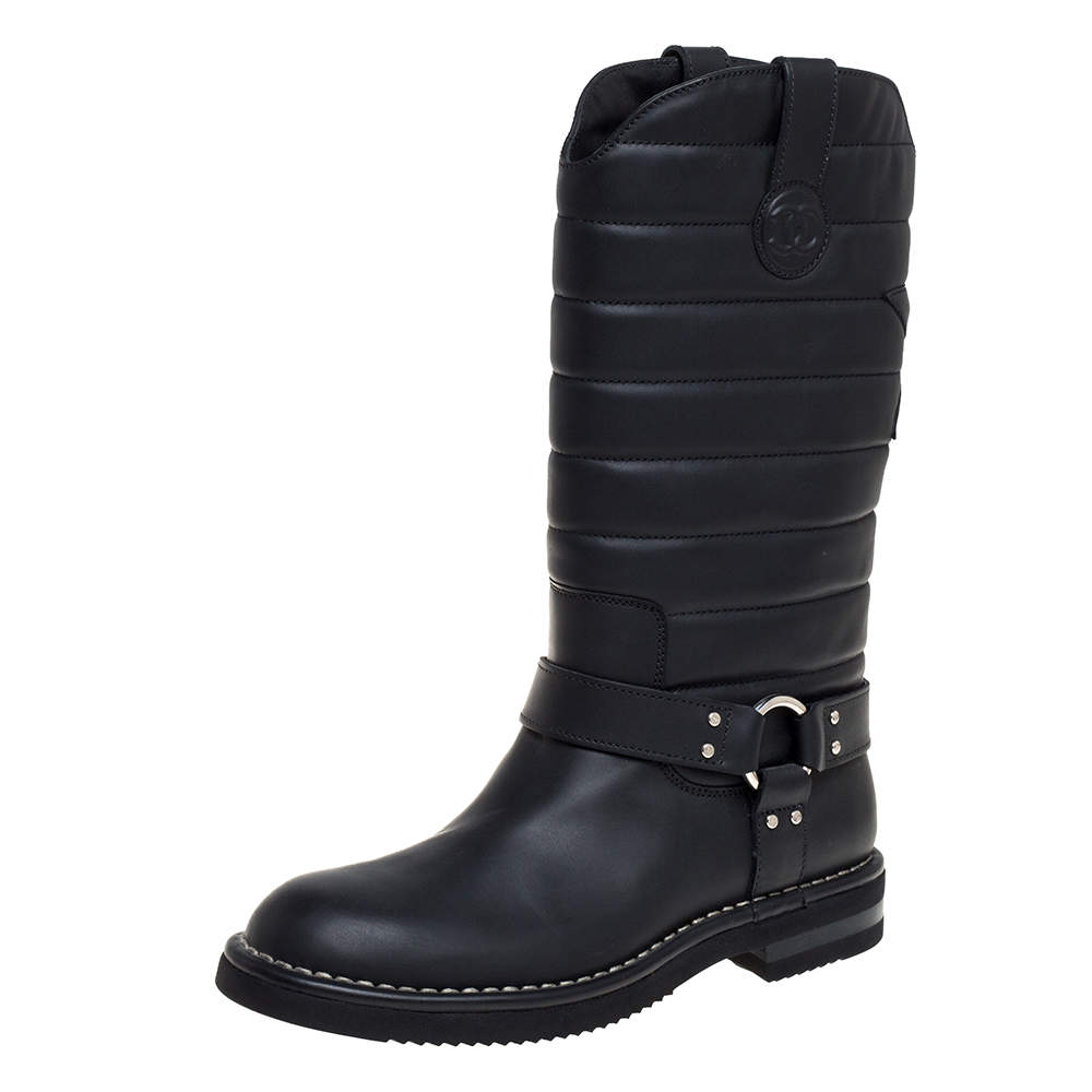 مملوكة مسبقًا Chanel Black Leather Star Harness CC Mid Calf Boots Size 39