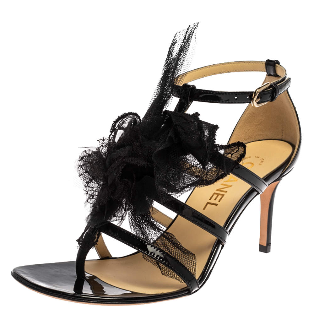 Chanel Black Patent Leather And Mesh Camellia Ankle Strap Sandals Size 37