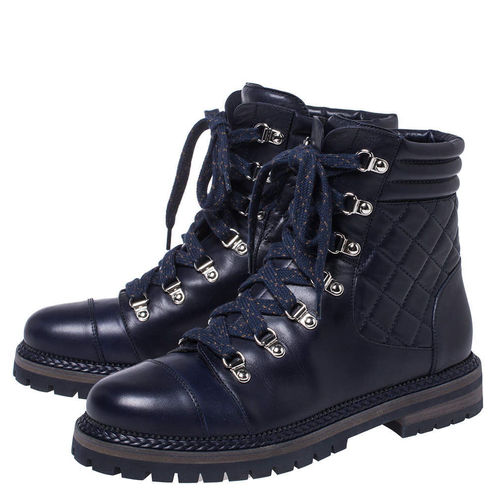 chanel navy blue quilted combat boots