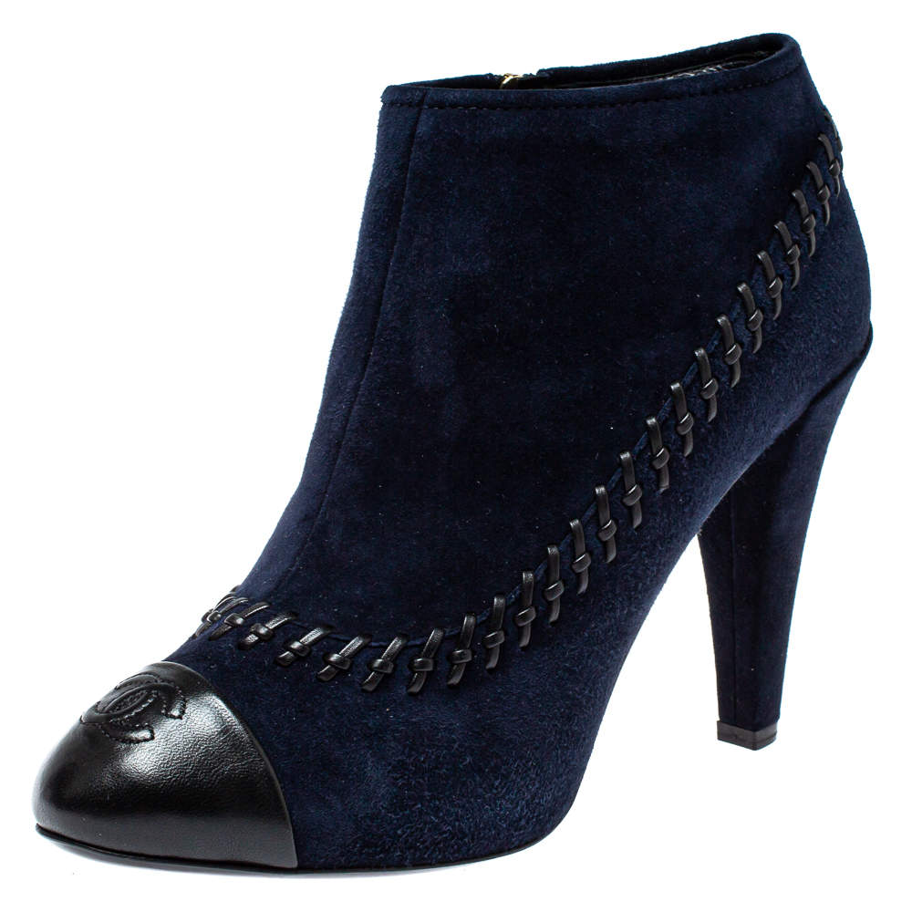 Chanel  Blue Suede And Leather CC Ankle Boots Size 40.5