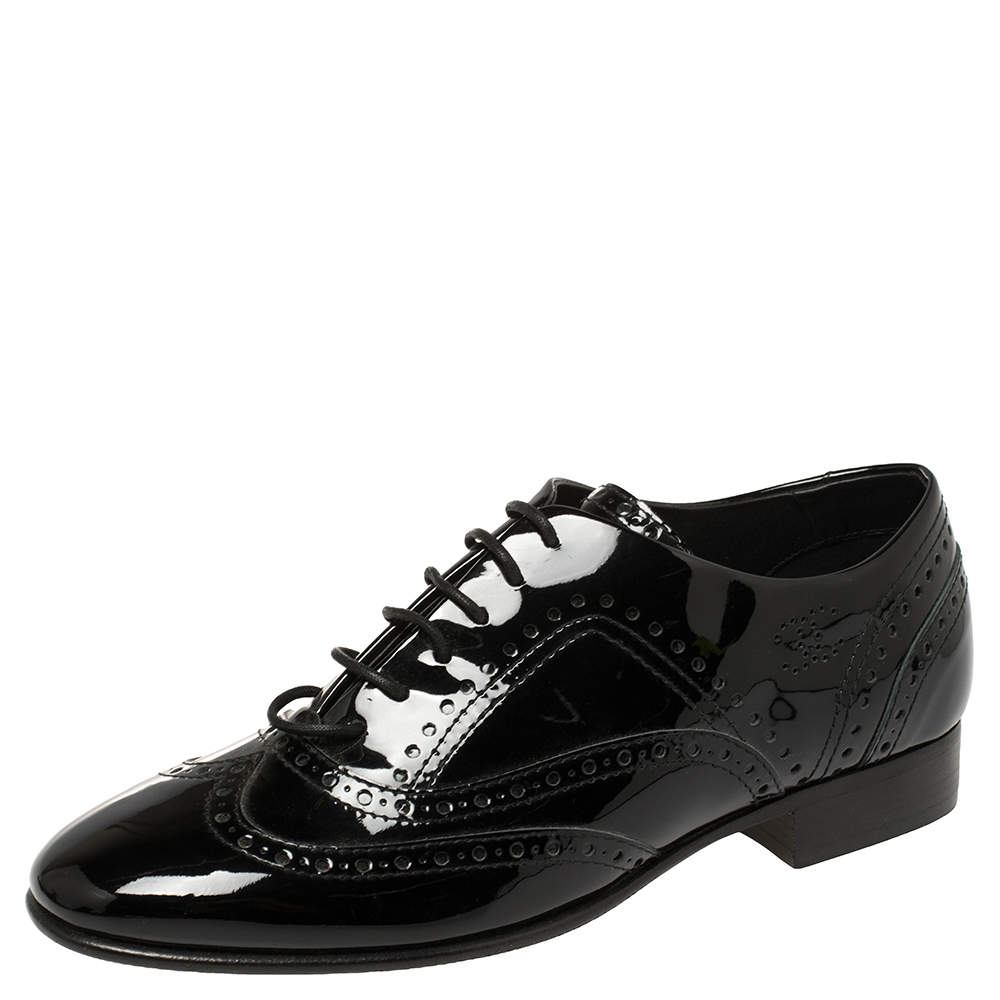 Chanel Black Patent Leather Brogue Lace-Up Oxfords Size 38