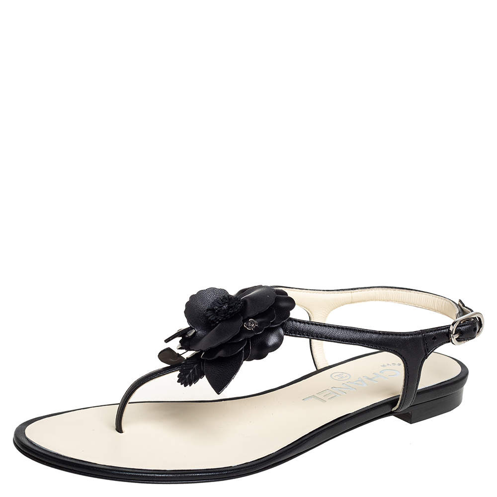 Chanel Black Leather Camellia Flat Thong Sandals Size 35