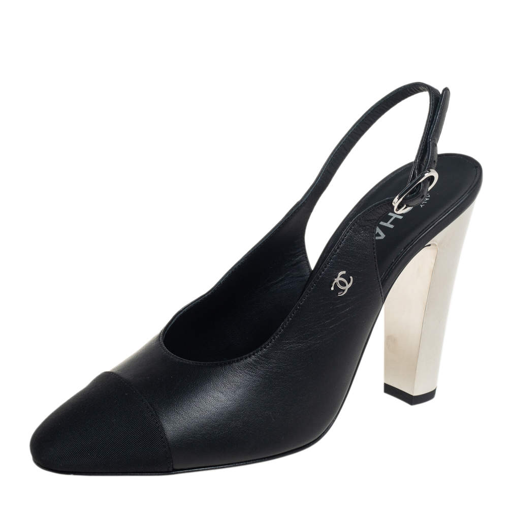 Chanel Black Leather CC Block Heel Slingback Sandals Size 39.5