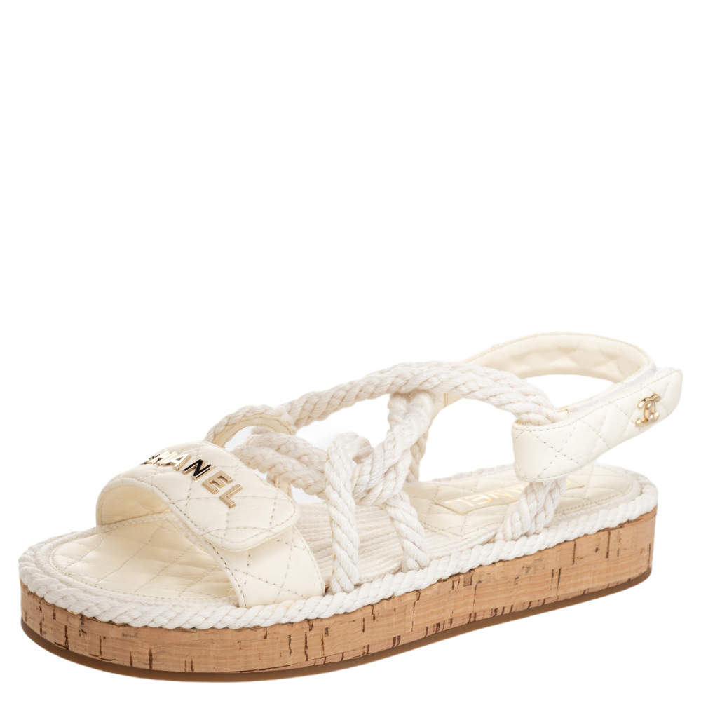 مملوكة مسبقًا Chanel Ivory Cord And Leather Cork Flat Slingback Sandals Size 38