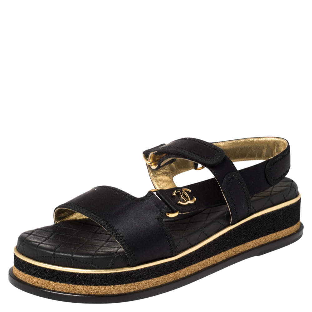 Chanel Black Satin CC Velcro Strap Flat Sandals Size 40