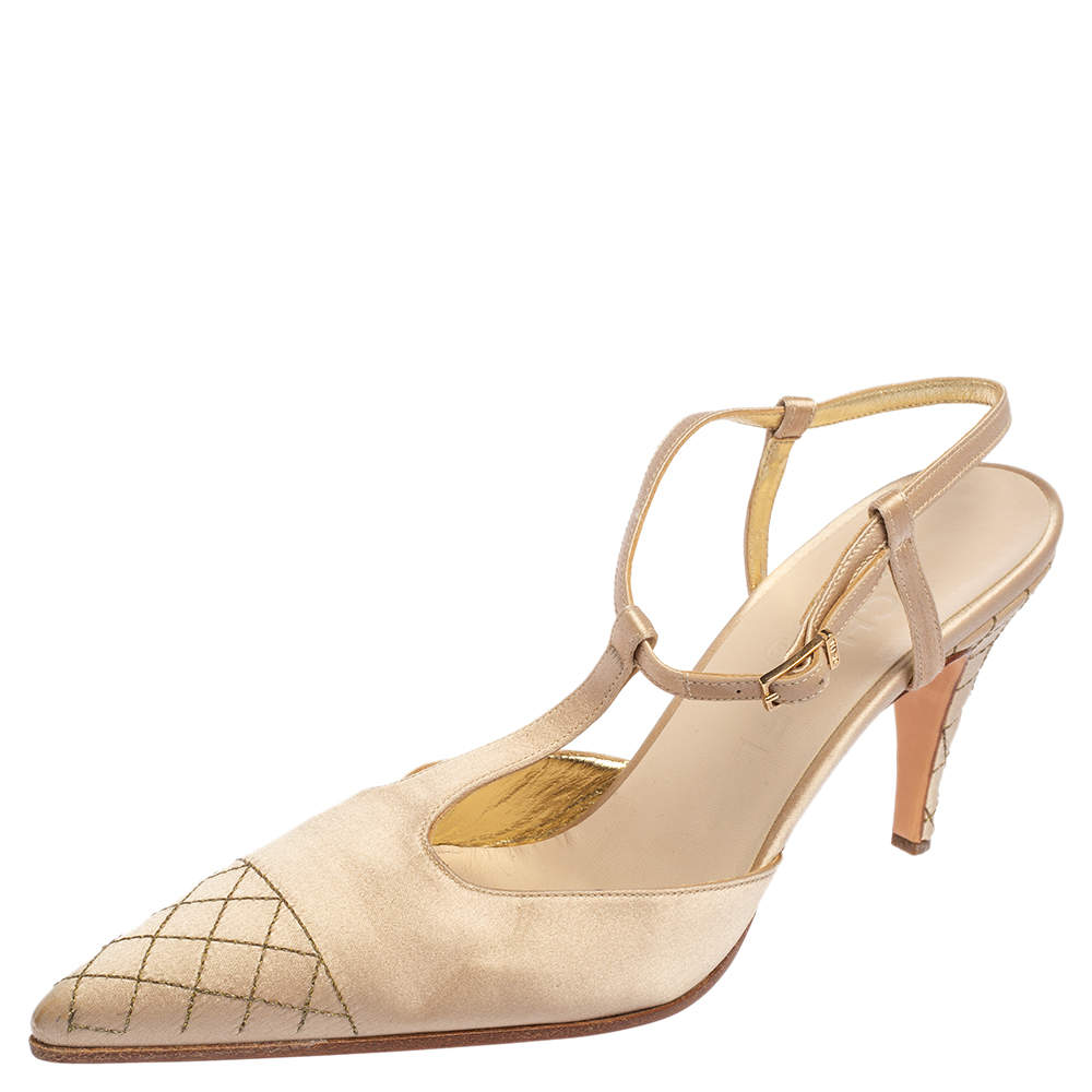 Pre Owned Chanel Beige Satin Pointed Cap Toe T Strap Pumps Size 38.5