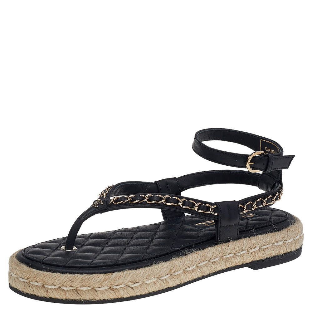 Chanel Black Leather CC Chain Link Thong Flat Ankle Strap Espadrille  Sandals Size 38
