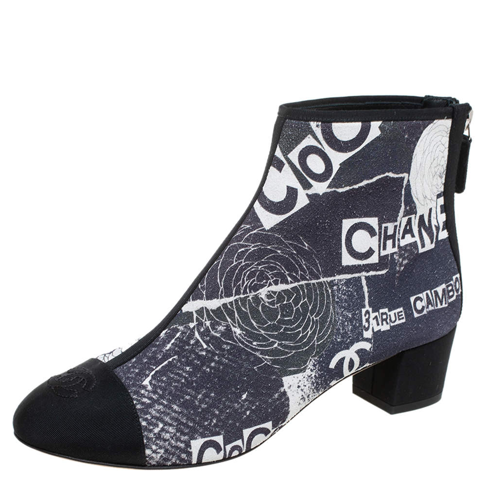 Chanel Multicolor Logo Printed Suede and Fabric CC Cap Toe Ankle Boots Size 37