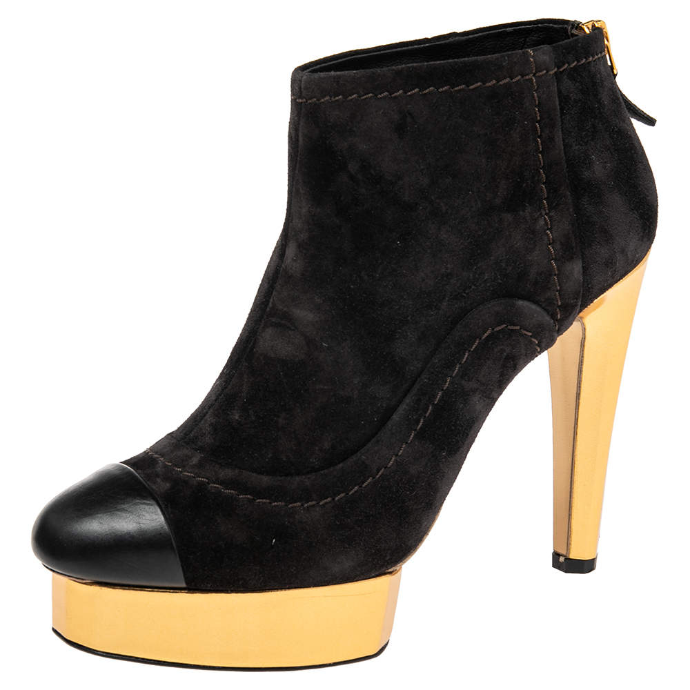 Chanel Black Suede Cap Toe Platform Ankle Booties Size 39