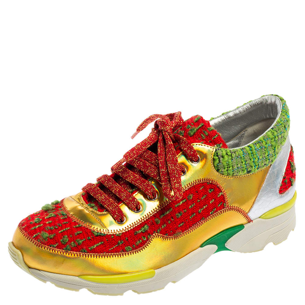 Pre Owned حذاء رياضي شانيل سي سي جلد وتويد متعدد الألوان مقاس 36