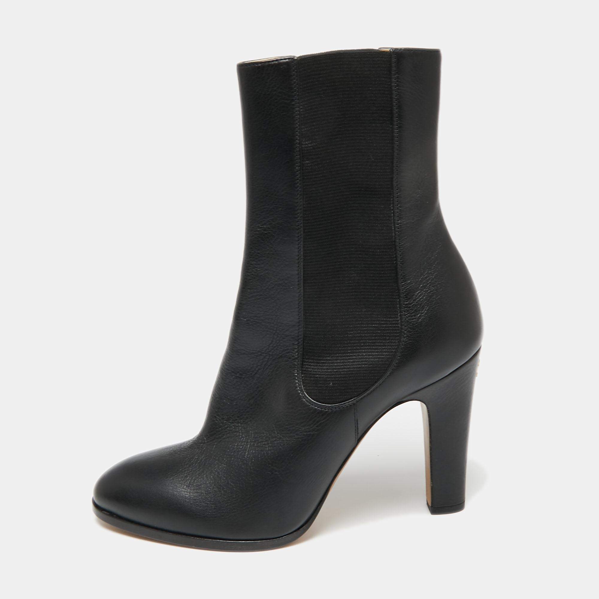 Chanel Black Leather CC Ankle Length Boots Size 38