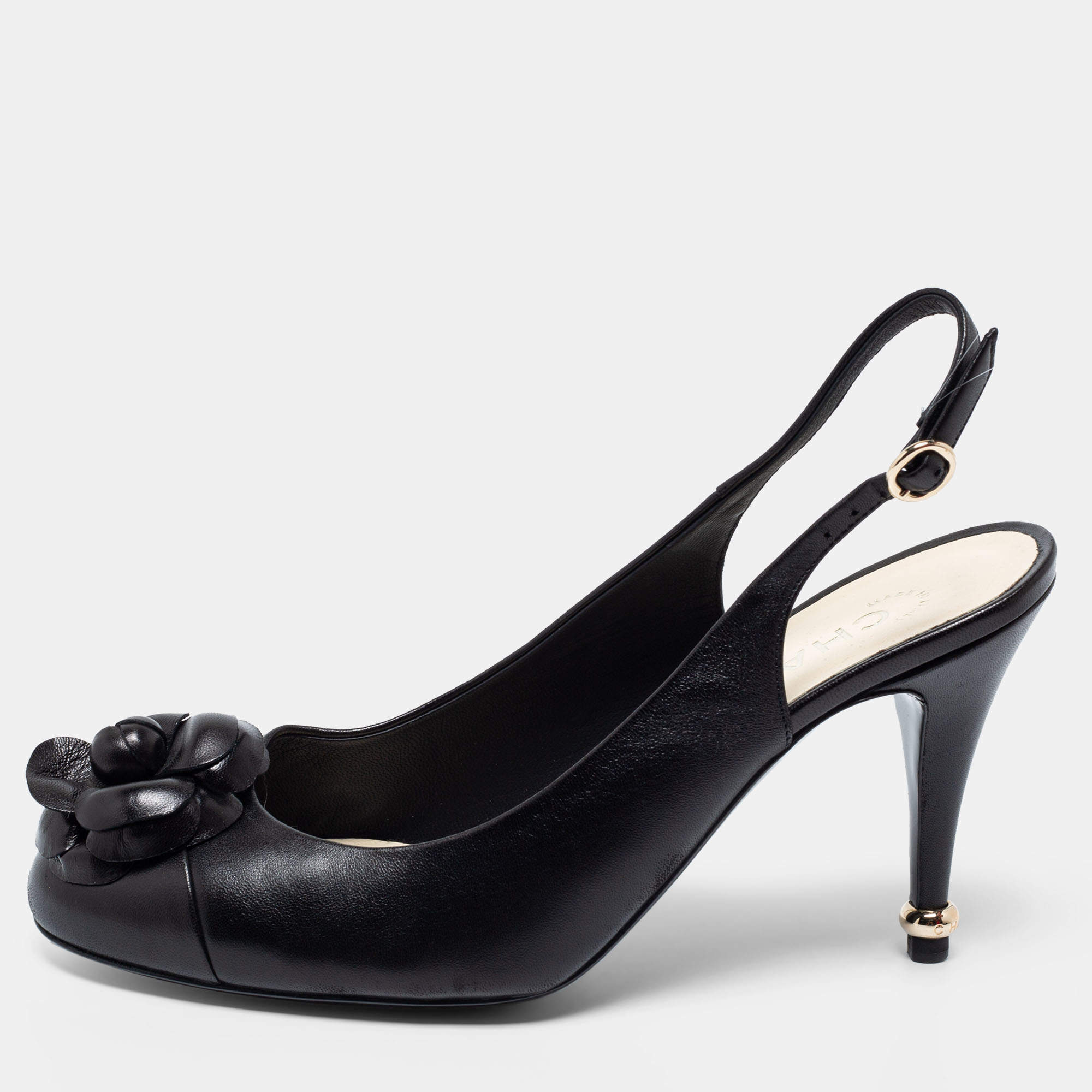 Chanel Black Leather Camellia Slingback Sandals Size 38