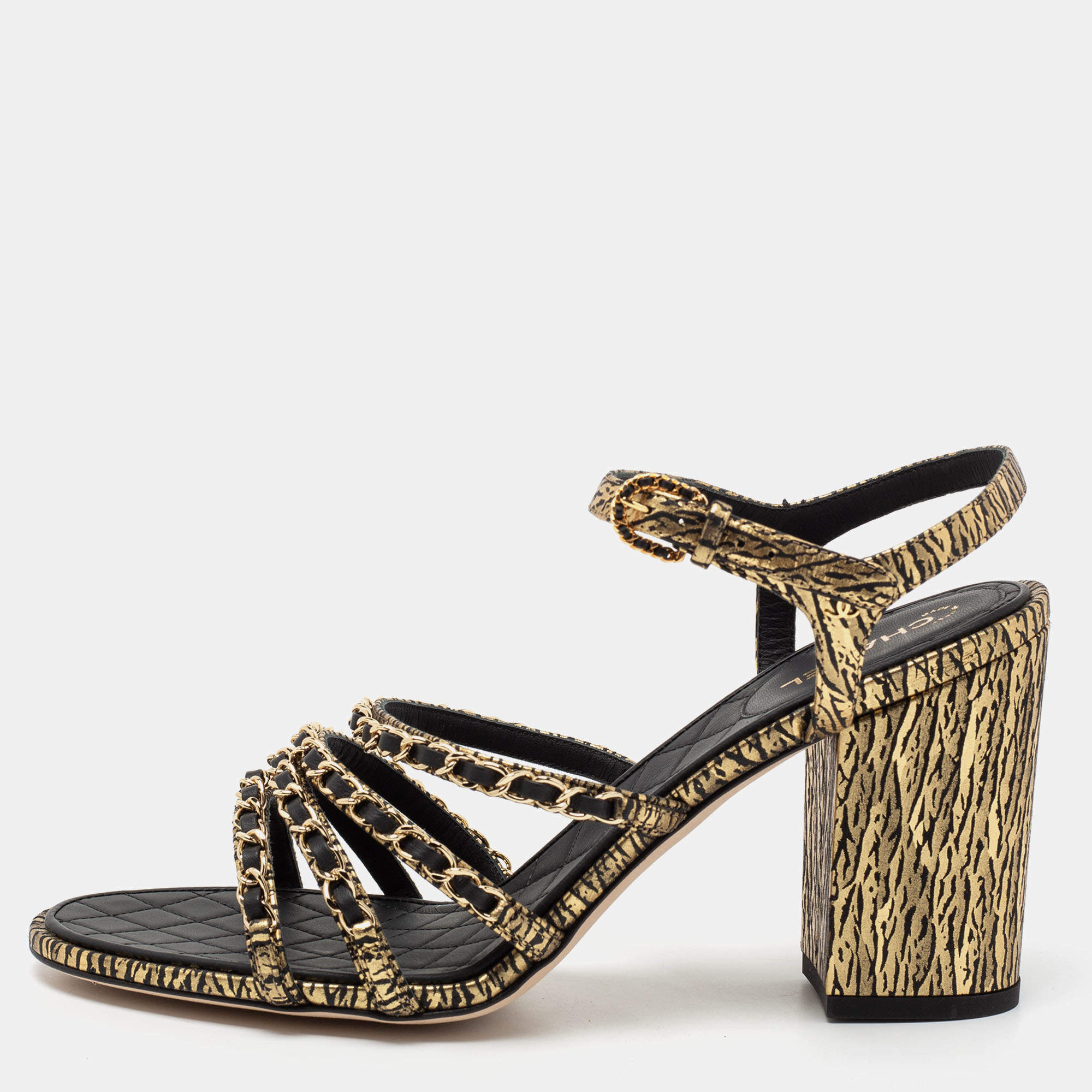 Pre Owned Chanel Black Leather Chain Strappy Ankle Strap Sandals Size 42