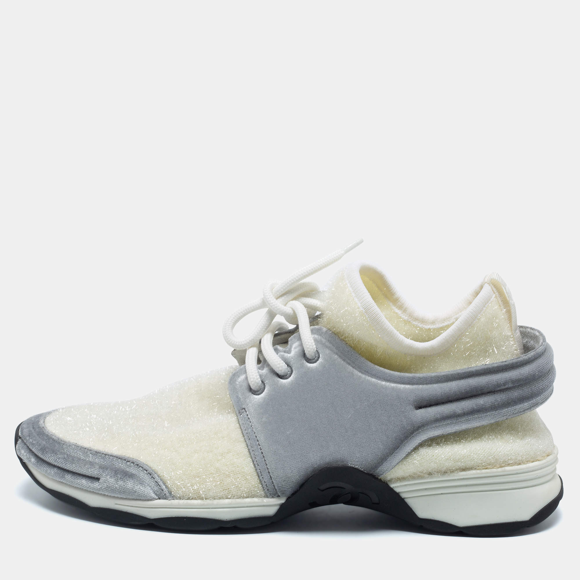 Chanel White/Grey Stretch Corduroy CC Sneakers Size Chanel TLC