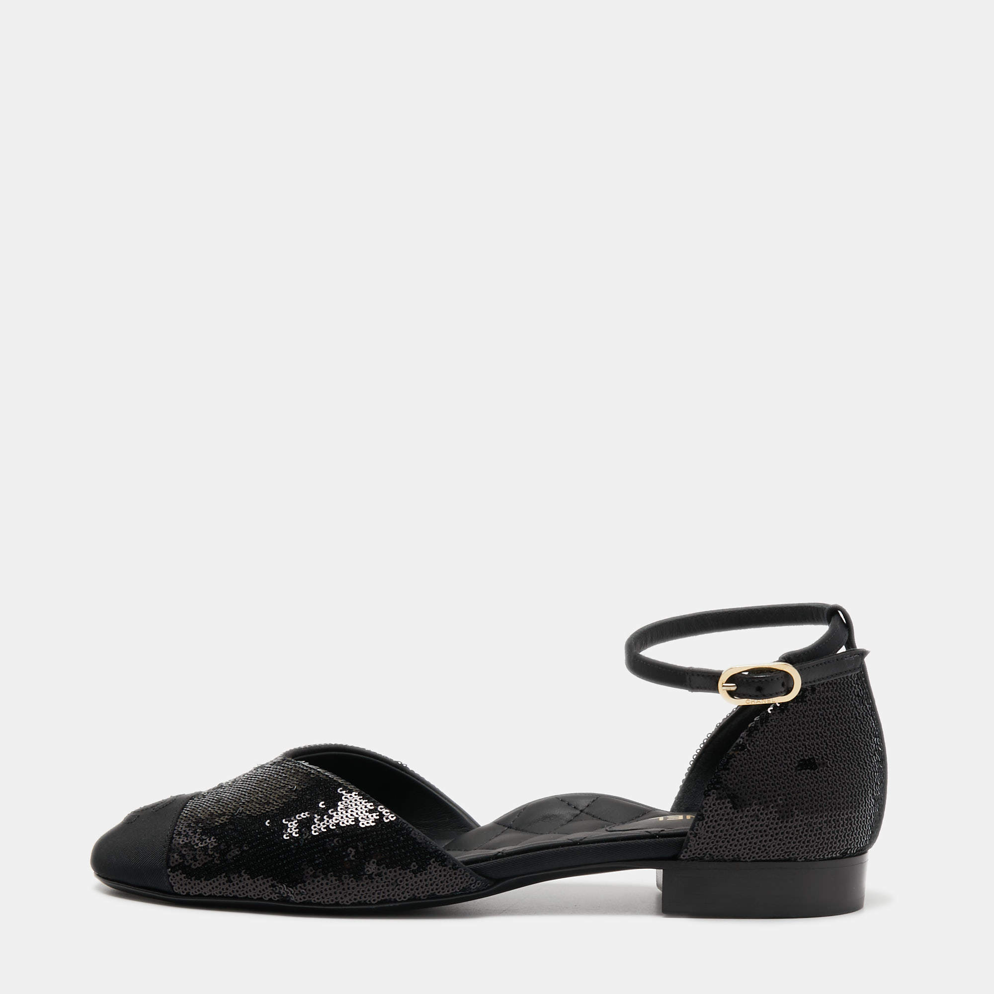 Chanel Black Sequins and Canvas CC Cap Toe Mary Jane Flats Size 39